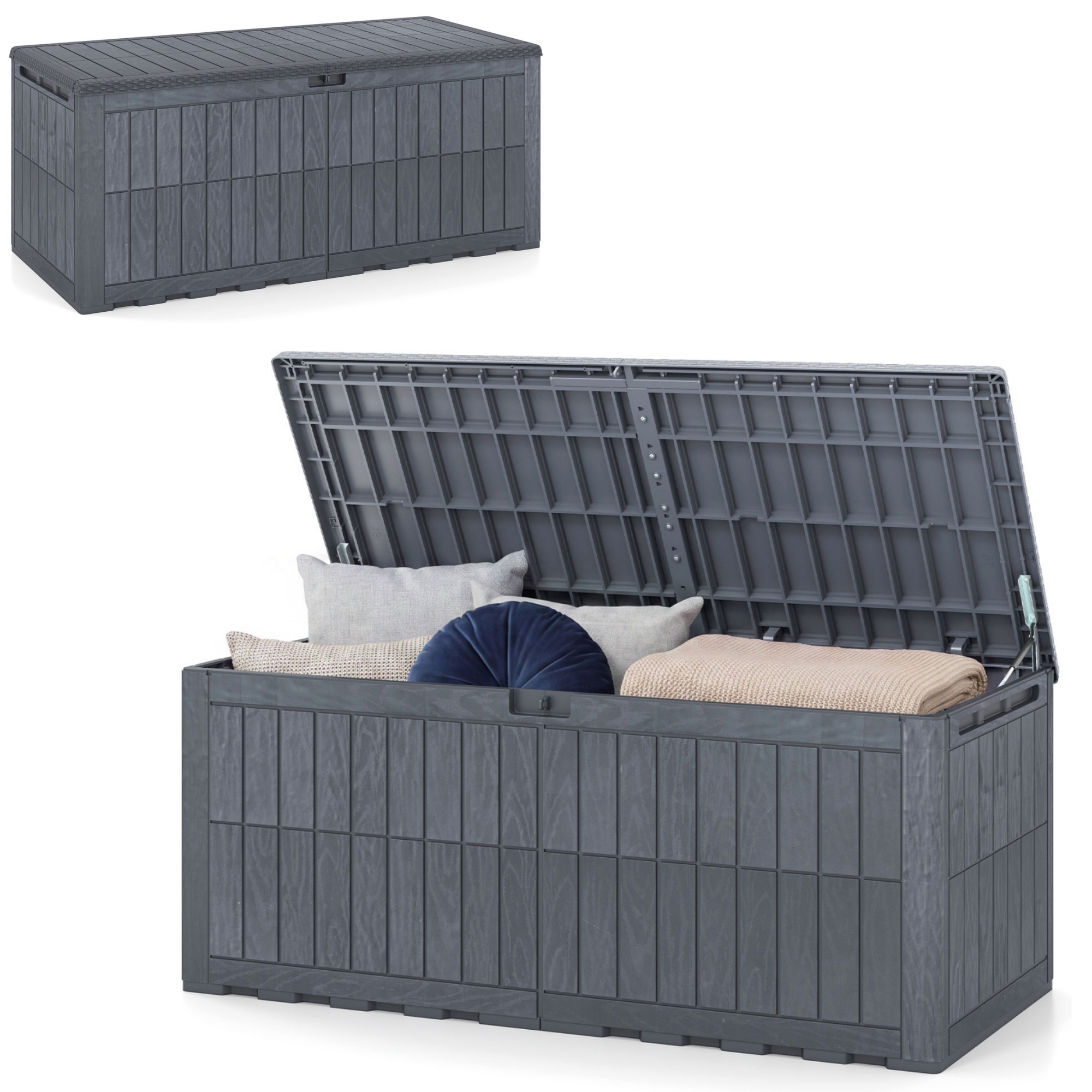 Image of 180 Gallon Outdoor Storage Box, Deck Box With Lockable Lid, Wicker Decoration Wood Grains, 2-in-1 Patio Bench Storage Bin For Cushions, Garden Tools