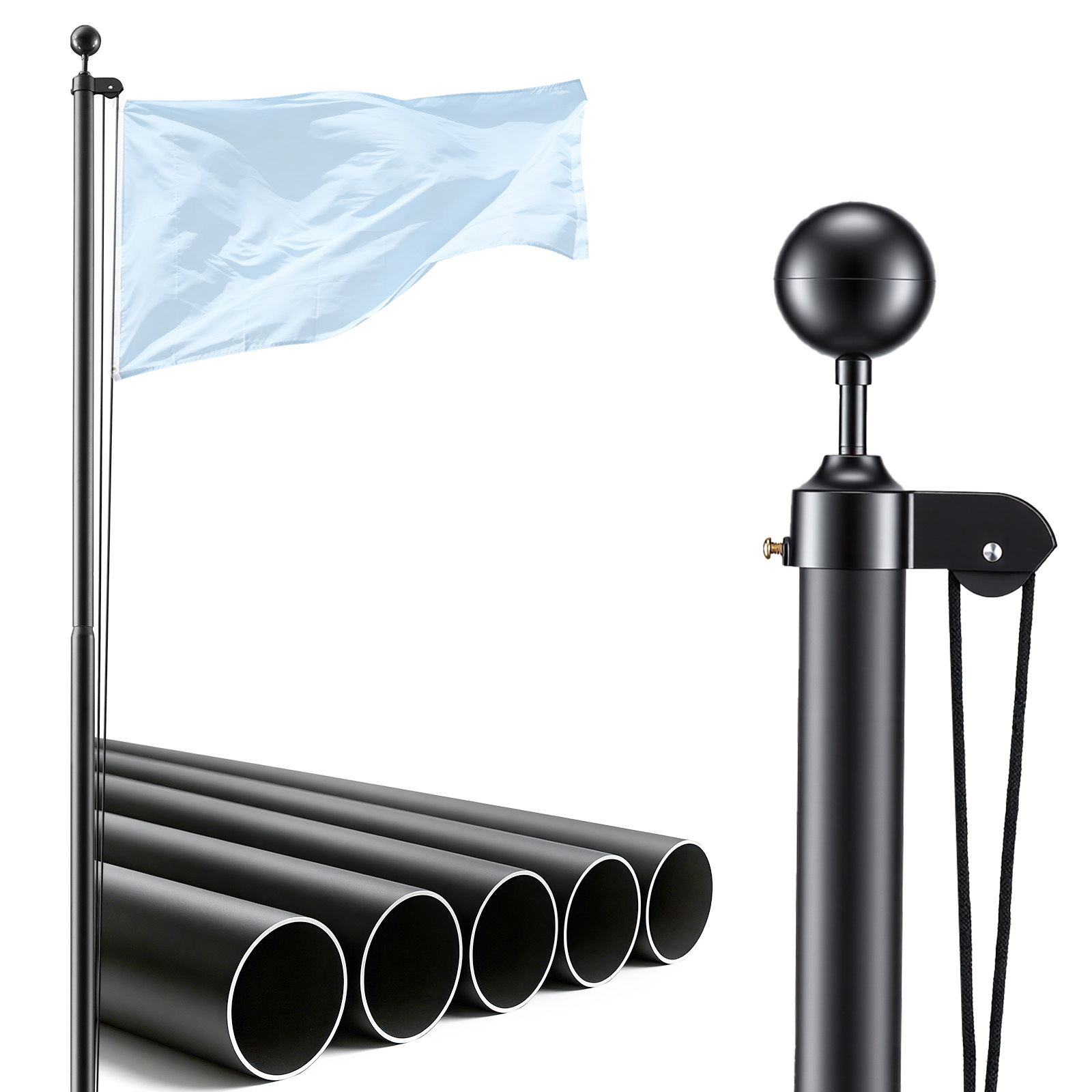 Image of Vevor Flag Pole, 30ft Heavy Duty Sectional Flagpole Kit For Outside House In Ground, Extra Thick Outdoor Aluminum Flagpole Kit With Pvc Ground Sleeve For Yard, Residential Or Commercial Use, Black