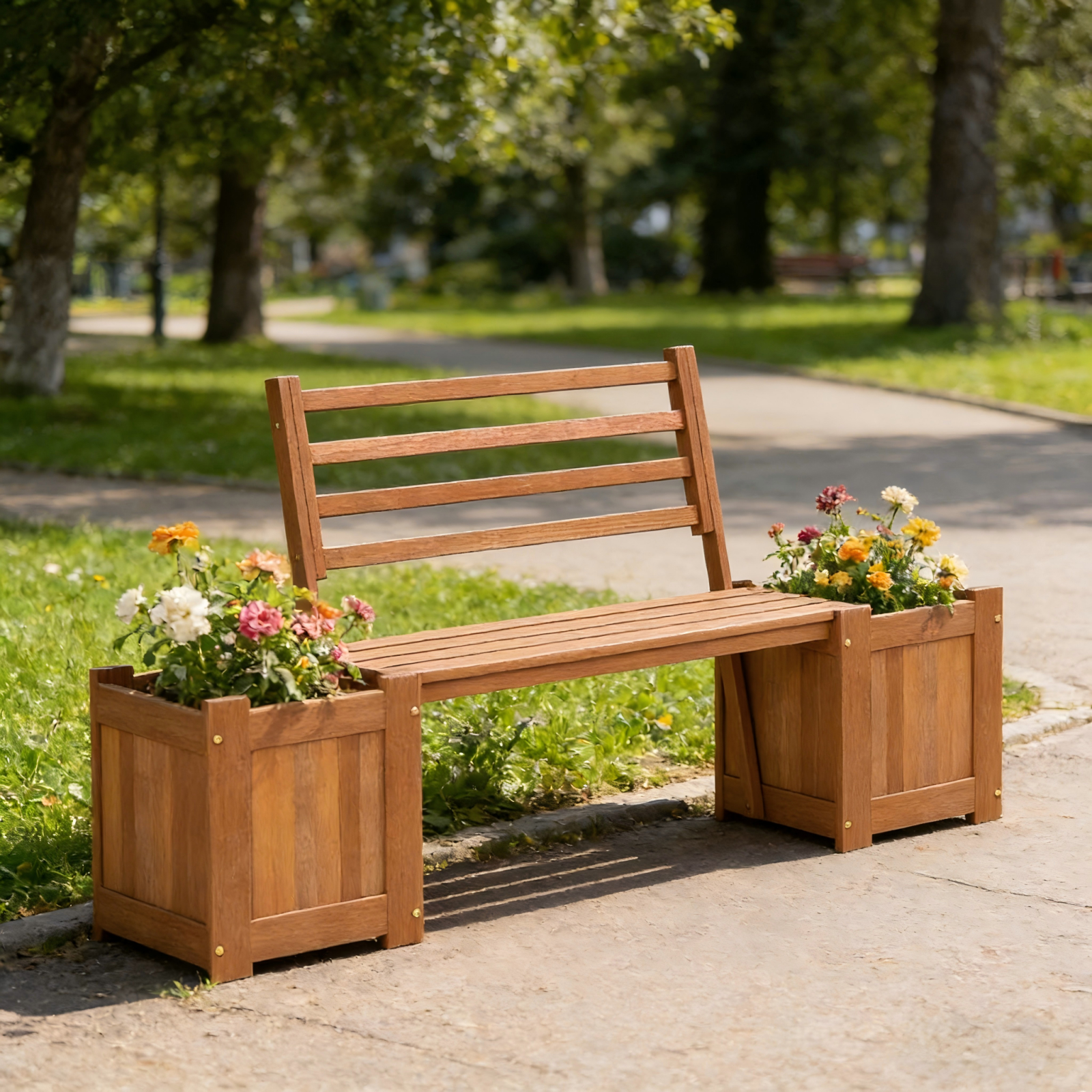 Image of Outdoor Planter Box Bench, Wooden Bench Set 2 Open-ended Planter Boxes, Slat Backrest, Finish Frame