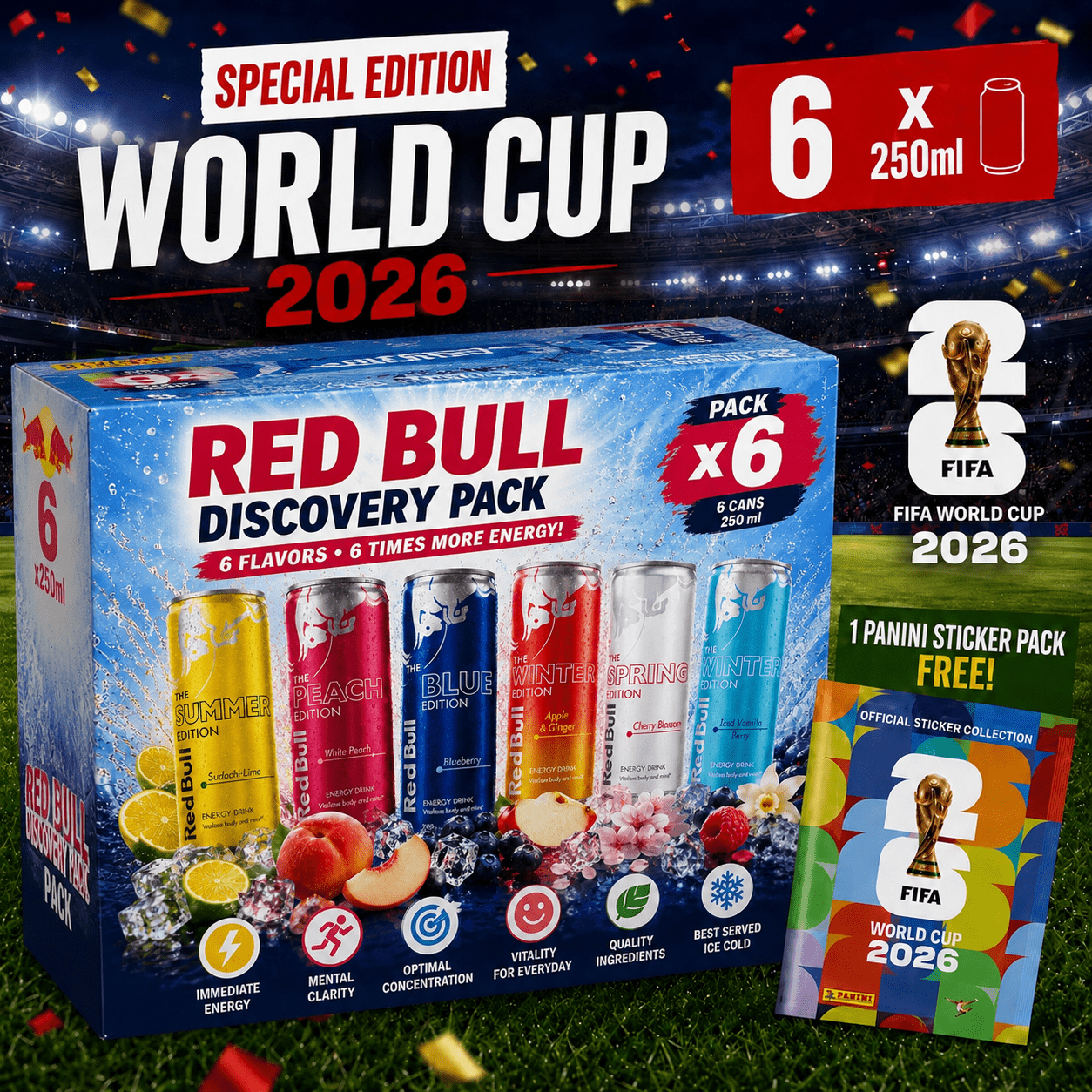 Red Bull Discovery Pack X6 250 Ml - 2026 World Cup Edition + 1 Free Panini Sachet (7 Cards)