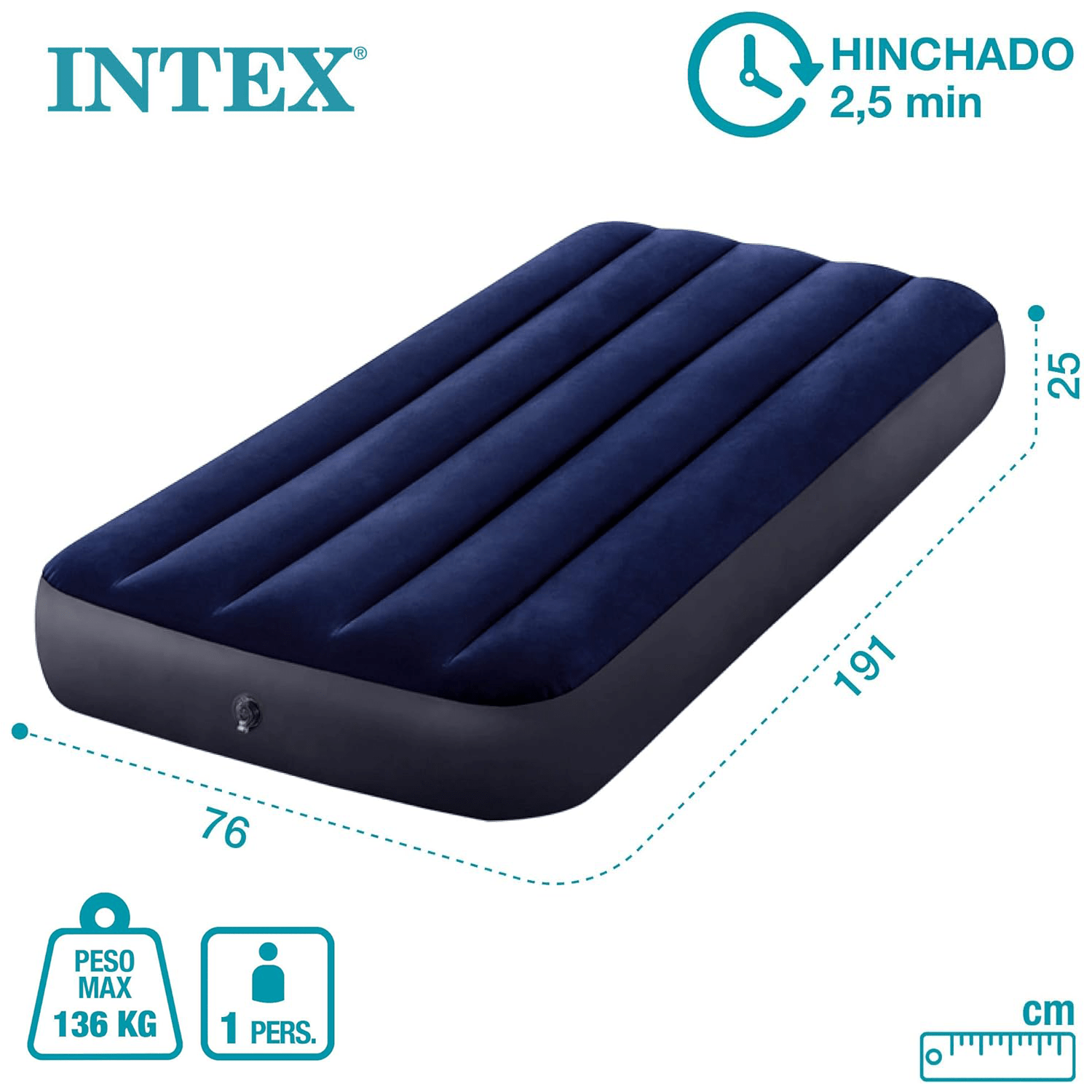 TEMU INTEX Colchón Hinchable Individual, Colchón Inflable Individual, 136kg, Color Azul, Durabilidad, 191 x 76 x 25 cm