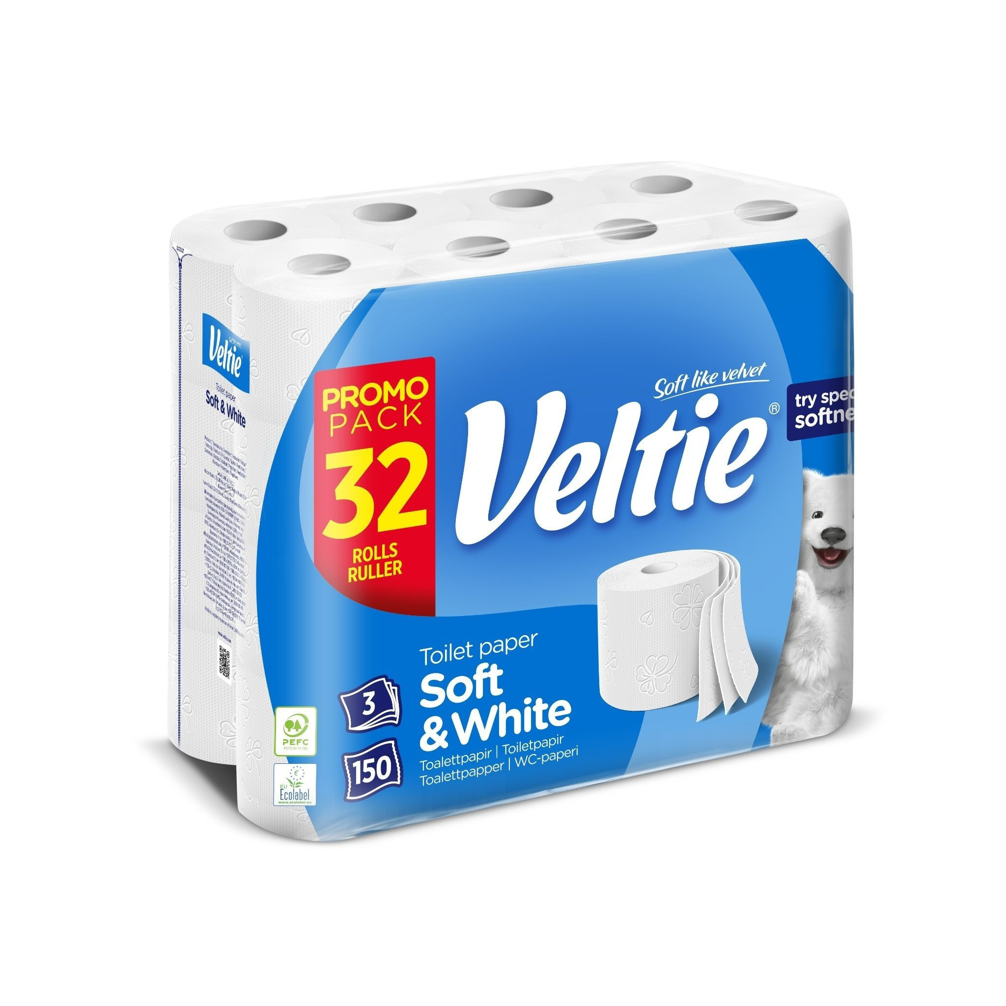 Veltie Toilet Paper 32 Rolls, 3-ply White – 4800 Sheets, Soft & Tear-resistant, Bulk Pack
