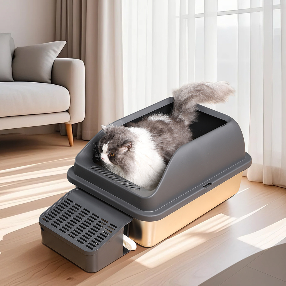 Image of Cat Toilet Cat Litter Box Xxl - Stainless Steel - Open With Ramp B X L X H : 62 X 41 X 30 Cm
