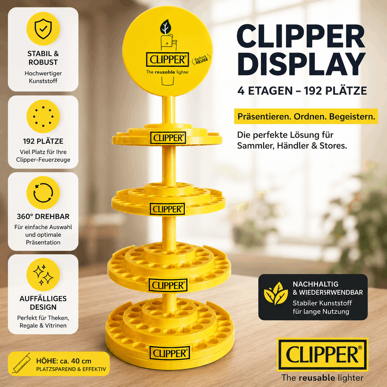 Image of Clipper Display Stand 4 Tiers | 192 Slots | 360° Rotatable | Presentation Stand For Clipper Lighters | Yellow