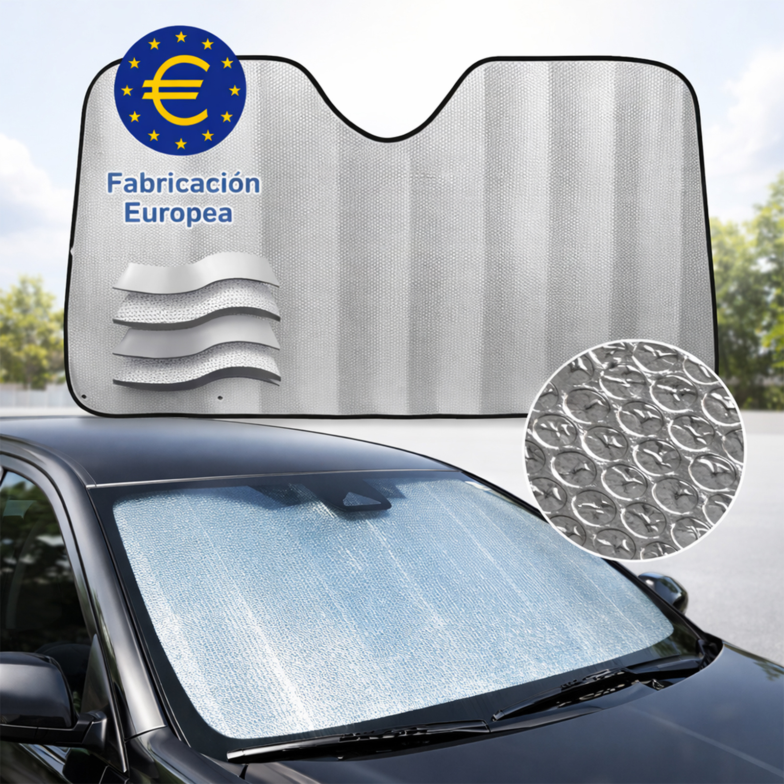 TEMU Parasol para parabrisas de coche 130×60 cm, aluminio , con ventosas y banda elástica, plegable, protector solar térmico UV para automóvil