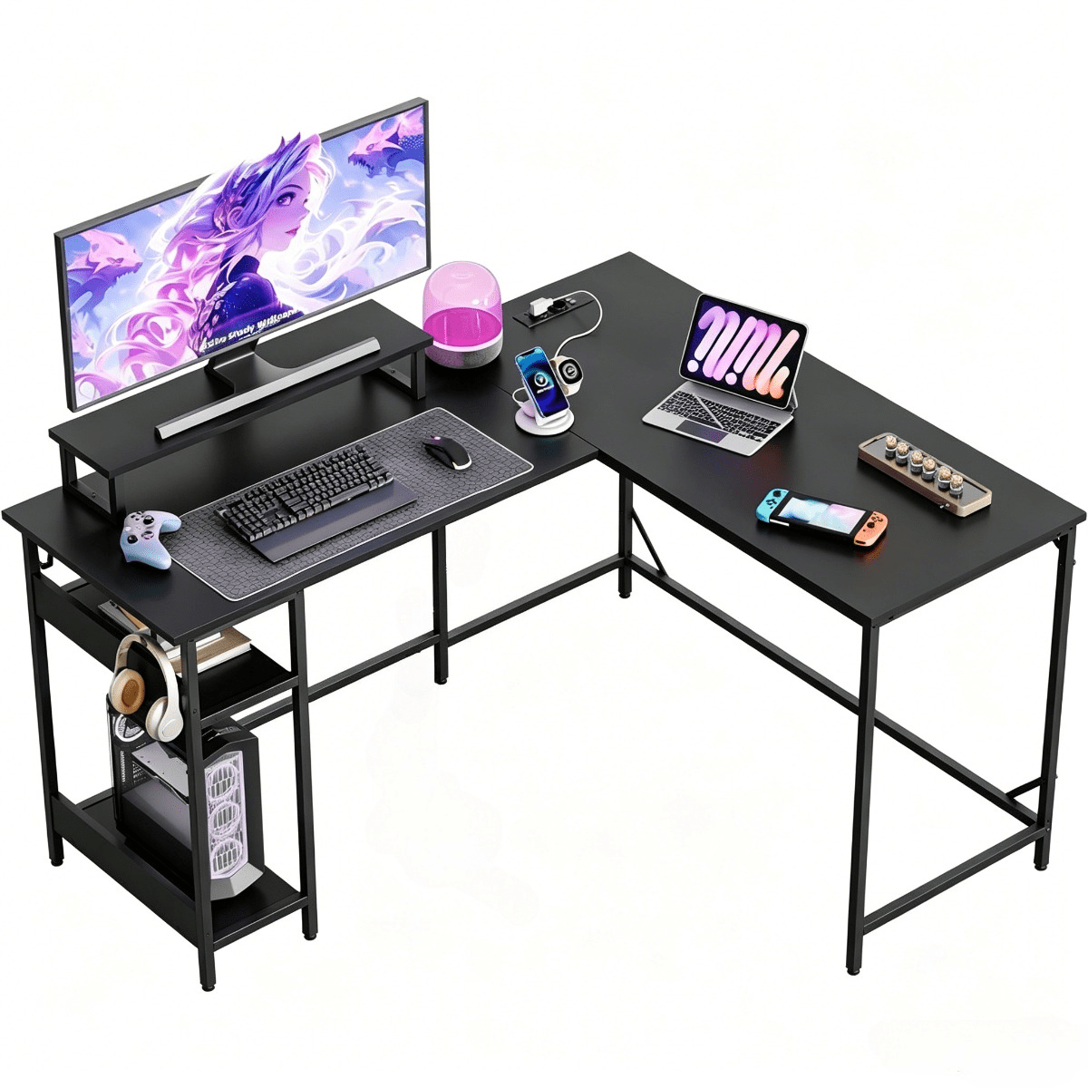 Image of Gaming With Monitor Holder, Desk L Shape With Usb Charging Port And Integrated Socket, Reversible , 152 X 118 Cm, Pc Table For Home Or Bedroom