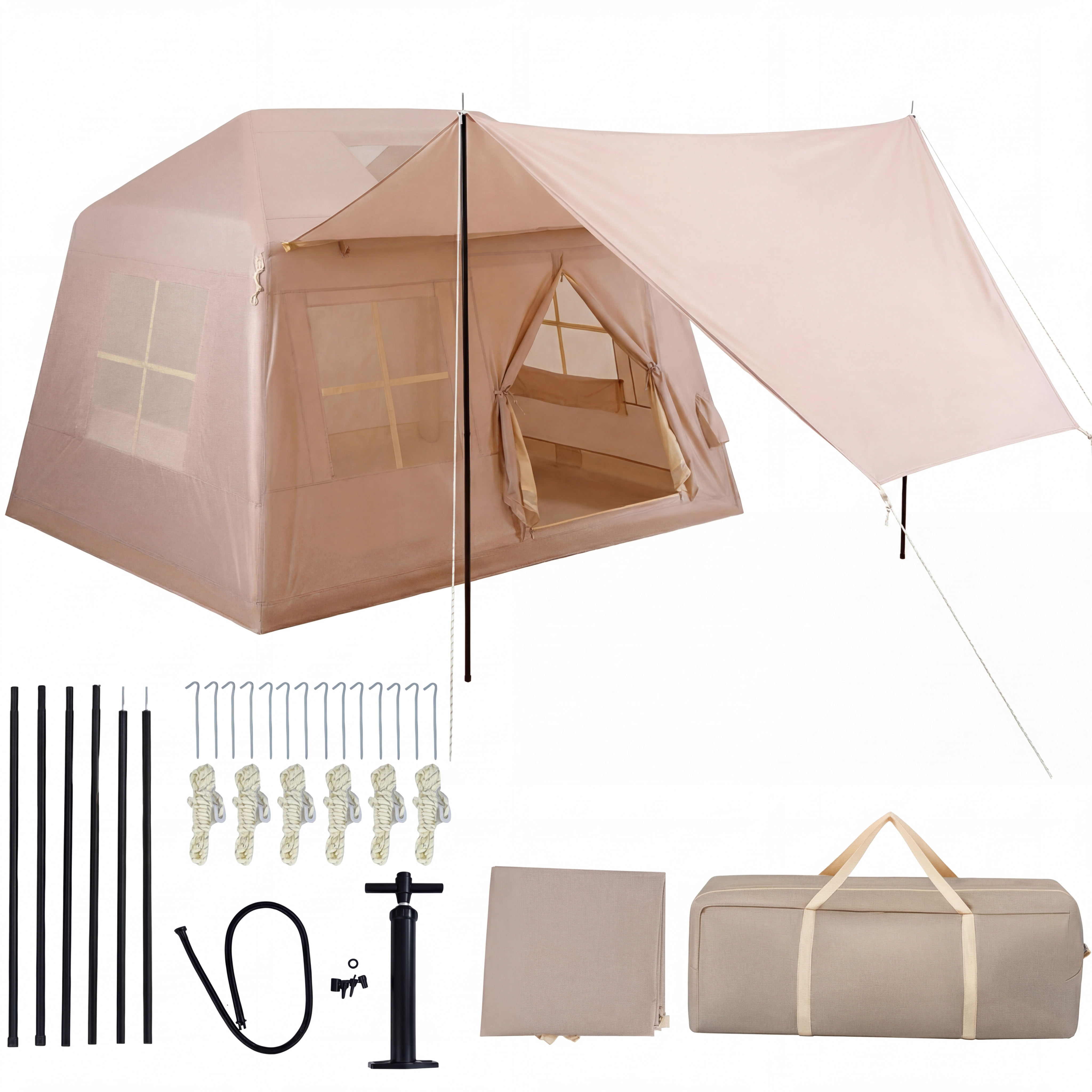 Image of Inflatable Camping Tent For 4-6 People, Portable Air Tent With Pump, Doors Nets, Ground Pegs Guy Lines, Outdoor Glamping Tent For Camping