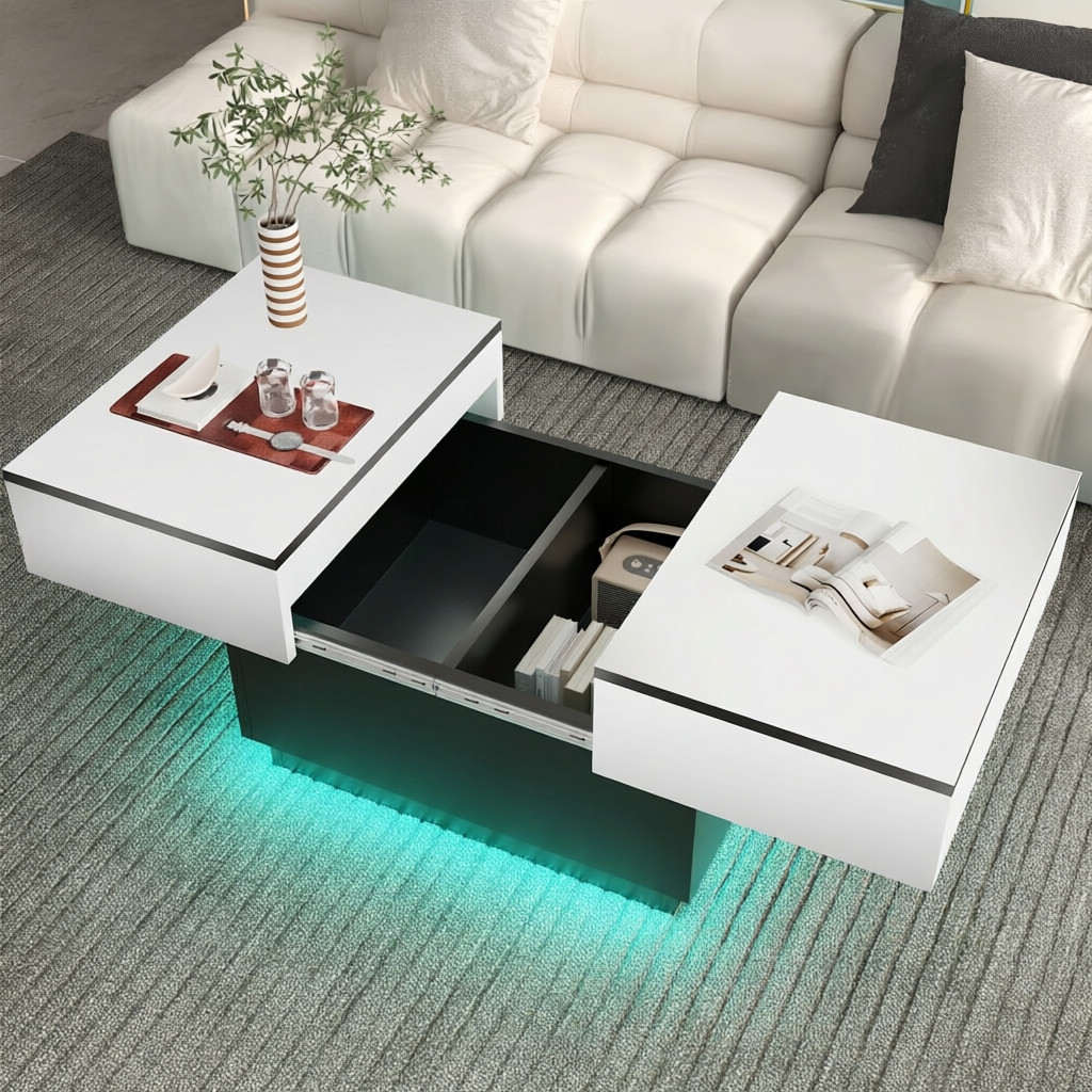 Image of White Coffee Table, Living Room Table, Side Table With 2 Storage Shelves, 80x58x40 Cm, Extendable Top With Rgb Light Strip, Modern Furniture For Living Room, Conference Room