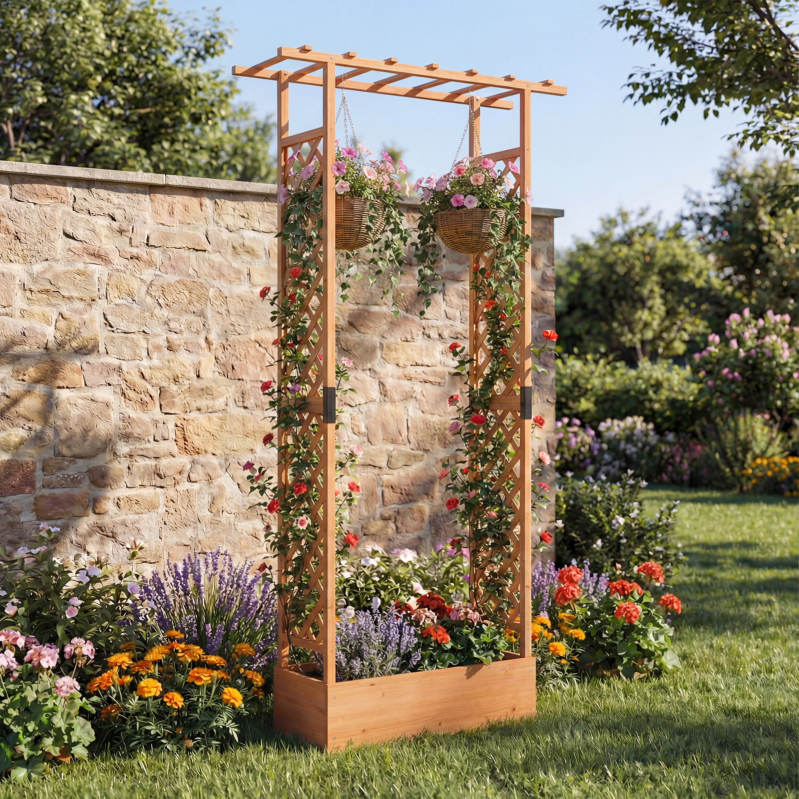 Image of 89" Tall Wooden Raised Garden Bed With Side Trellis Hanging Roof, Drainage Holes, Outdoor Freestanding Fir Wood Planter Box, For Climbing Plants Vines Vegetables Flowers, Orange