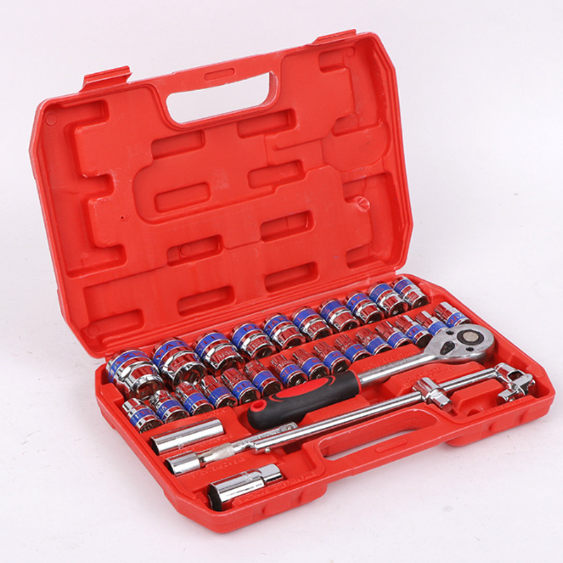 32pcs 1/2" Drive Ratchet Wrench And Socket Set, Durable Chrome Vanadium Steel, With Toolbox, For Automotive Repair And Maintenance, Without Battery