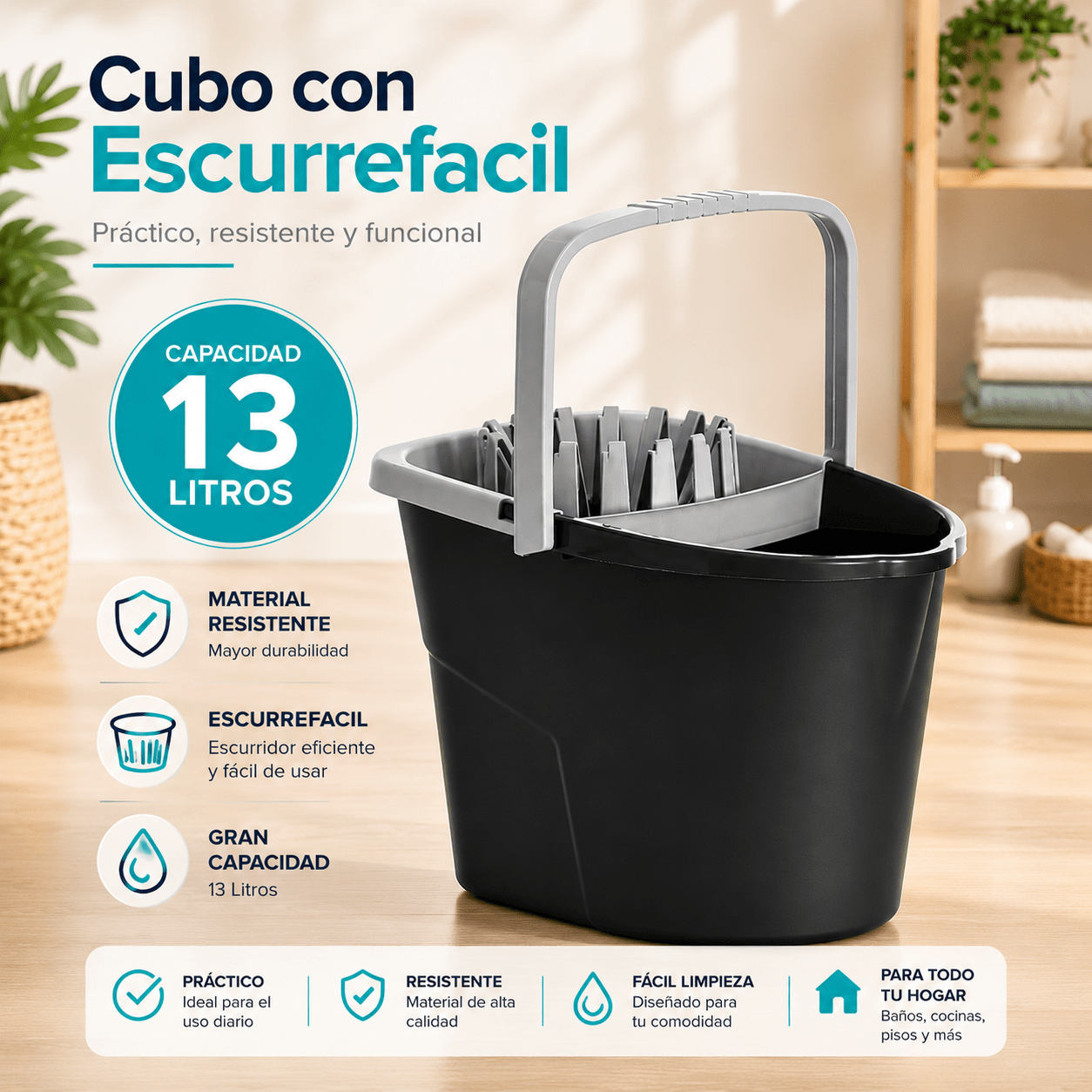 TEMU Nic&Co con Escurrefácil de 13 Litros | de Limpieza con Escurridor Integrado | Resistente | Gran Capacidad | Color Negro/