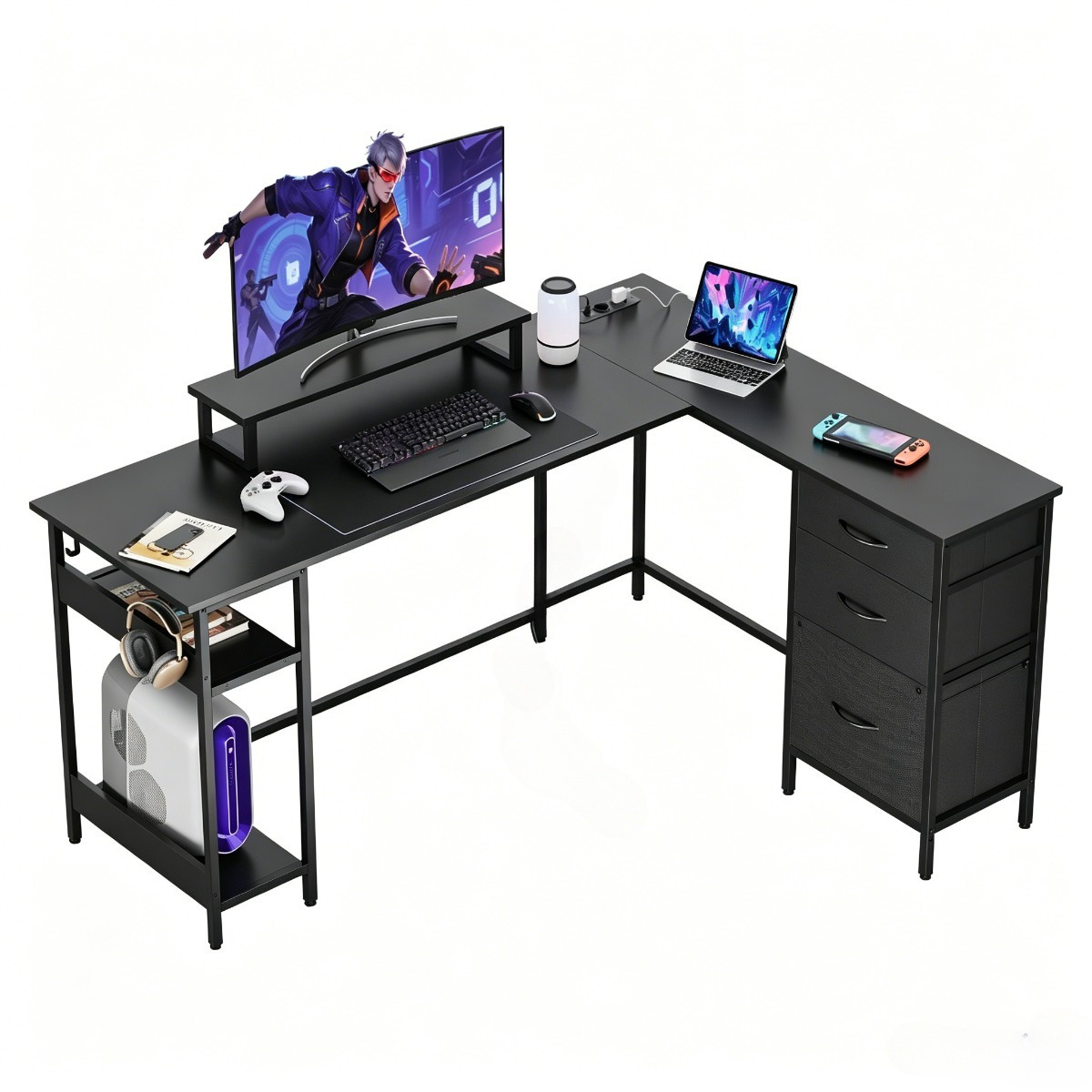 TEMU Eckschreibtisch L-Form mit Schubladen, Schreibtisch mit Steckdose und USB-Ladeanschluss, 150 cm/142 cm L Tisch in Schwarz, geräumige