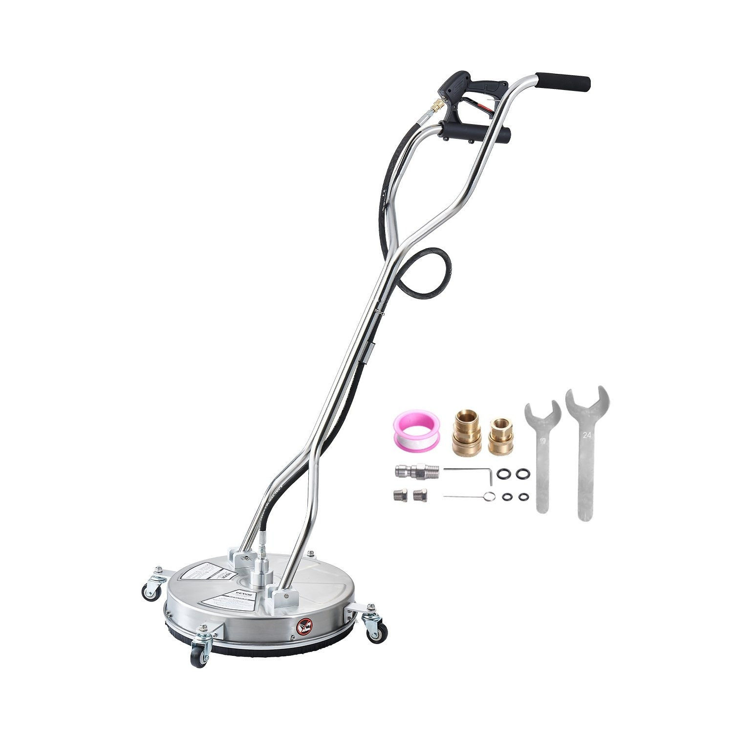 Image of Vevor 18" Pressure Washer Surface Cleaner, Stainless Steel Pressure Washer Attachments With 4 Wheels, 4000 Max Psi, 3/8 Quick Connector, Nozzles, Dual Handle, For Concrete, Patio, Sidewalk