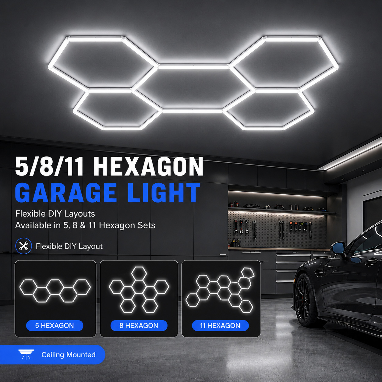 5/8/11 Hexagon Led Ceiling Light, Diy Workshop Lighting Cold White Tube Lamp For Rooms, Office, Warehouse, Gym, Basement, Exhibition