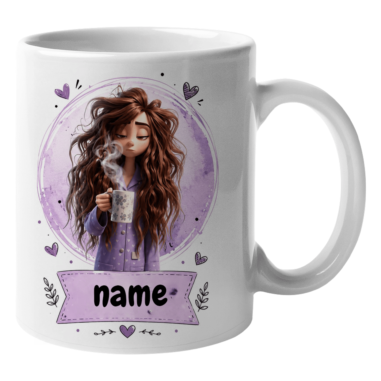TEMU Custom Name Ceramic Coffee Mug Personalised Messy Hair Girl Graphic Tea Cup 11oz Woman In Pajamas Holding Coffee Purple Hearts Design Drinkware