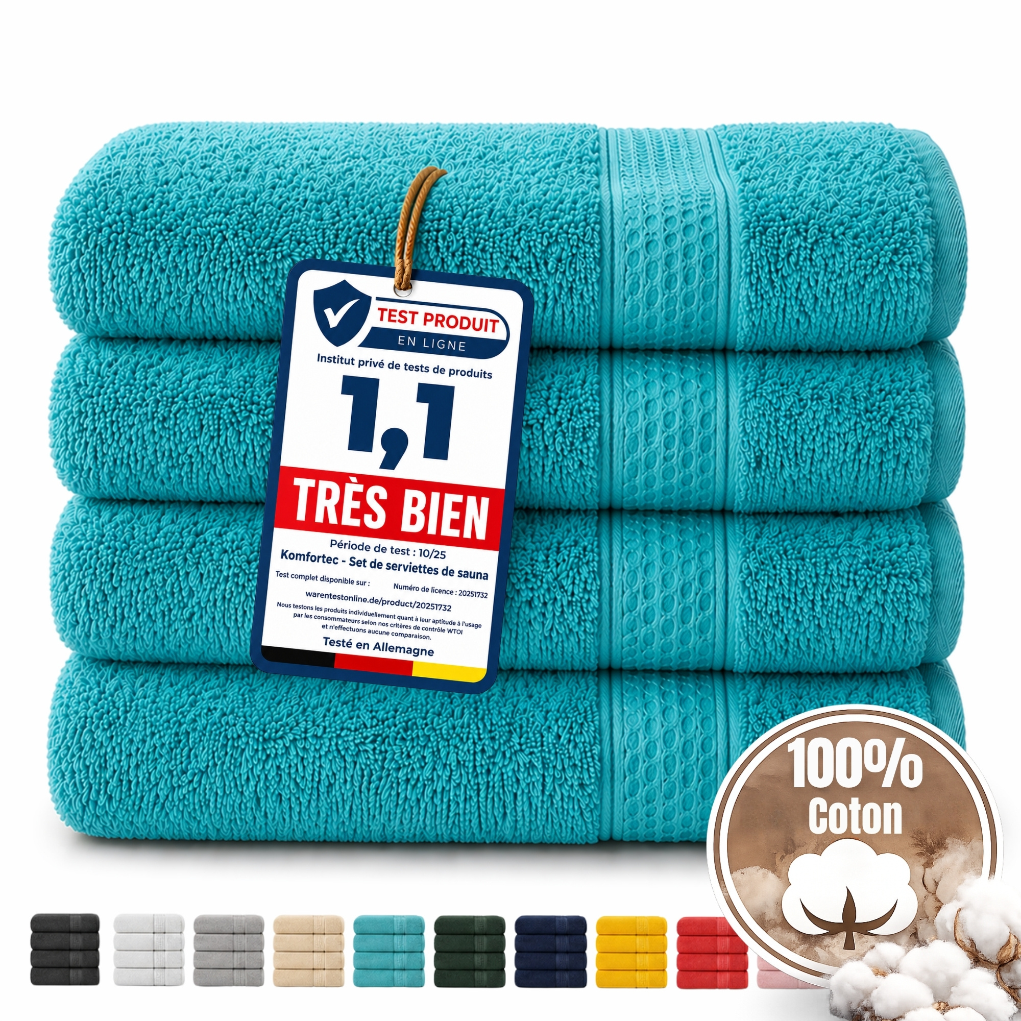 TEMU Parure de serviettes 4 pièces 100 % coton pour bain, douche et sauna – 4 tailles disponibles, 12 couleurs au choix, douces, absorbantes et