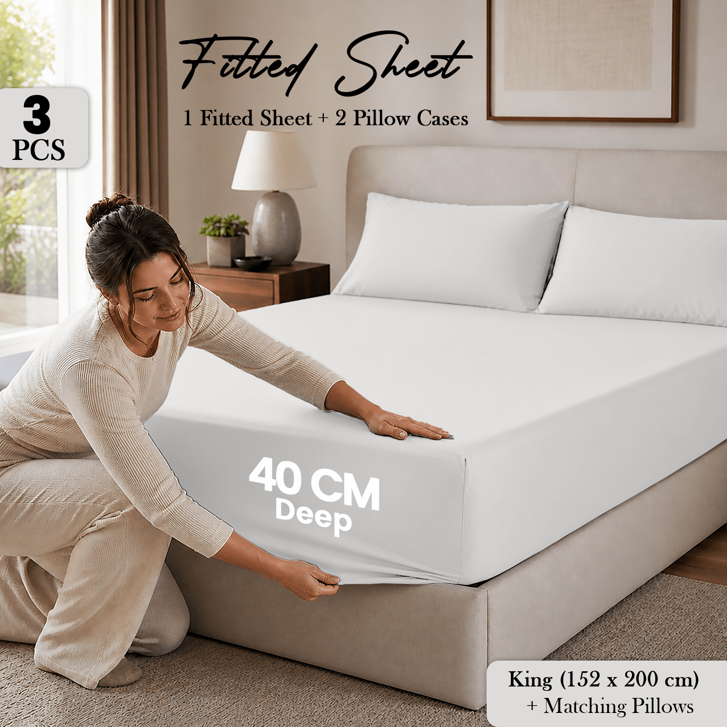 TEMU 3pcs 40cm Deep Pocket Fitted Sheet Set, Included 1pc 40cm Fitted Sheet & 2 Matching Pillowcases, Breathable Microfiber, Elastic Corners, Machine