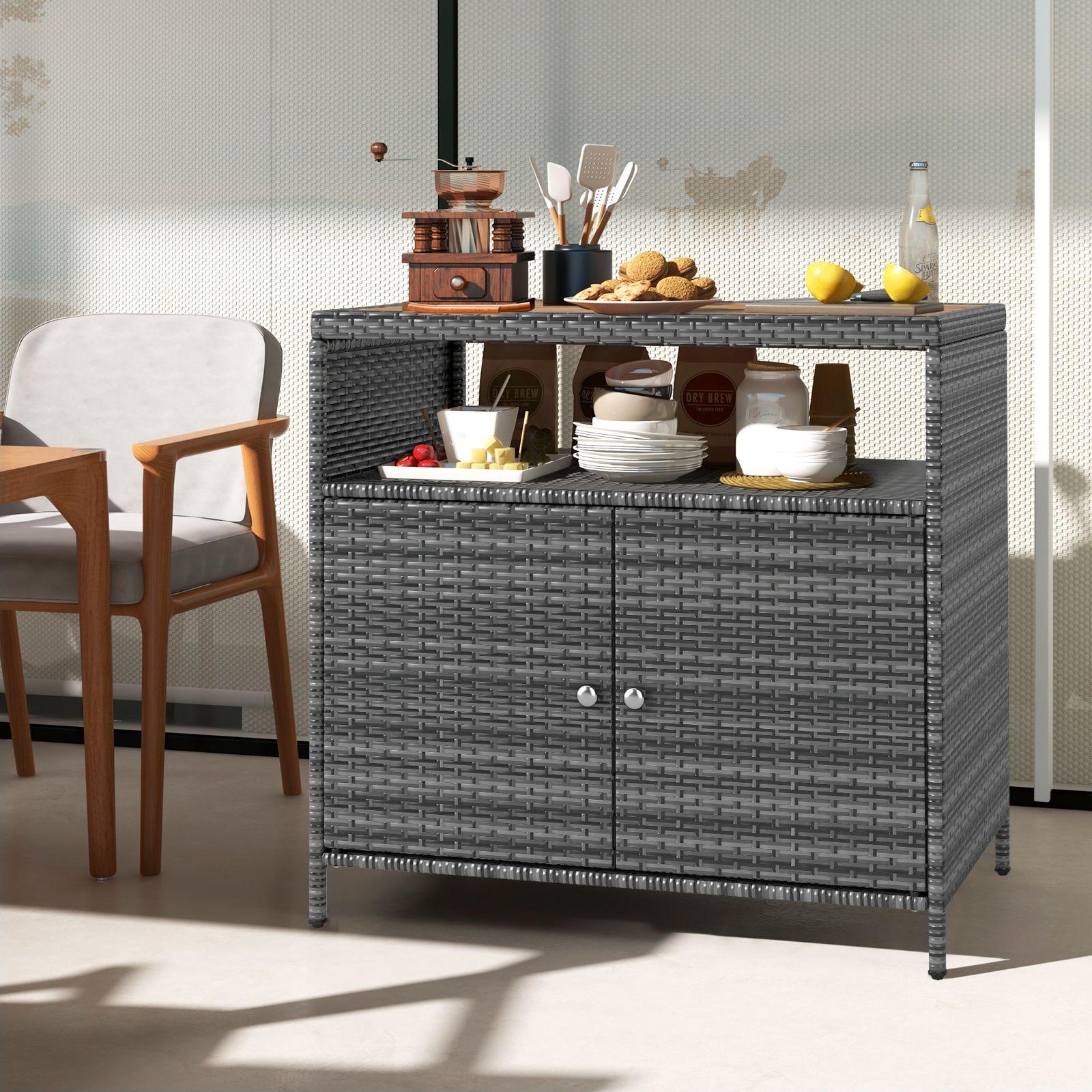 Image of Outdoor Pe Rattan Storage Cabinet, Wicker Patio Sideboard With Acacia Wood Tabletop, Open Shelf, 2-door Cupboard