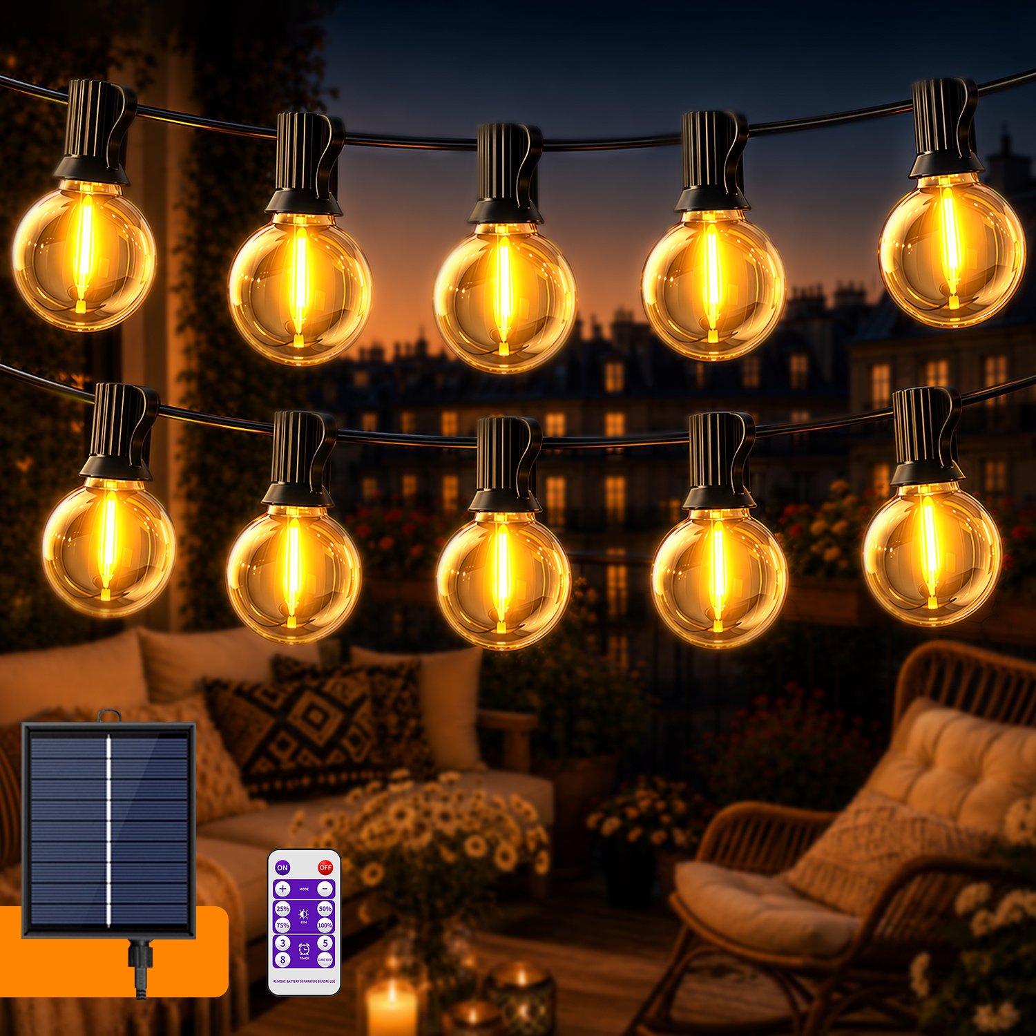Image of 30/25/10 Leds Solar String Light With Remote Control, 8 Lighting , 3h/5h/8h Timer Function, 4 Brightness , Ip65 Outdoor Light Strings For Balcony, Wedding, Party (warm White)