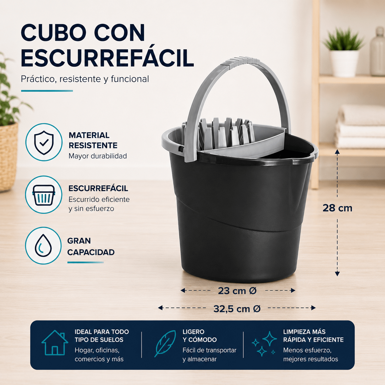 TEMU Nic&Co con Escurrefácil | de Limpieza con Escurridor Integrado | Resistente | Gran Capacidad | Color Negro/