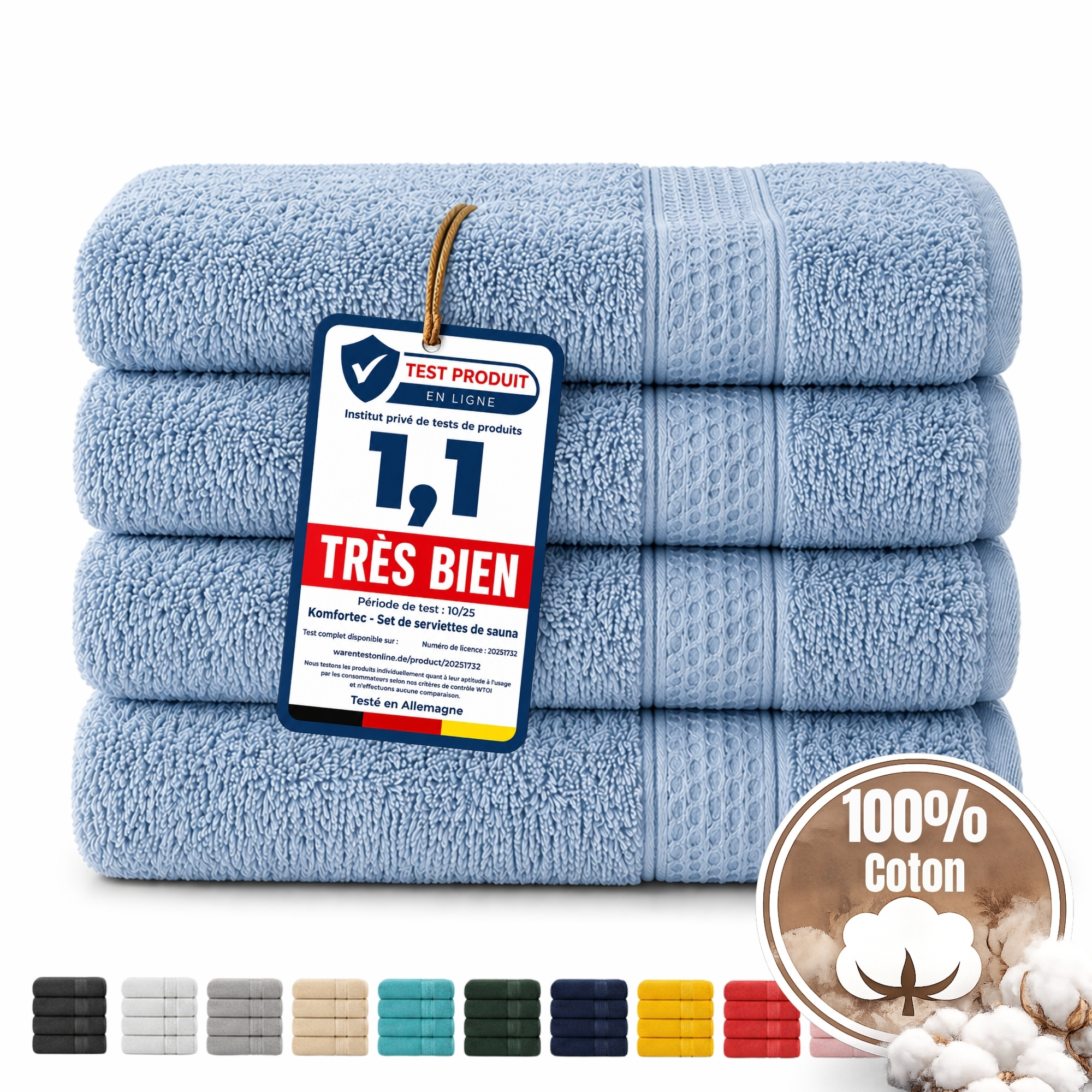 TEMU Parure de serviettes 4 pièces 100 % coton pour bain, douche et sauna – 4 tailles disponibles, 12 couleurs au choix, douces, absorbantes et