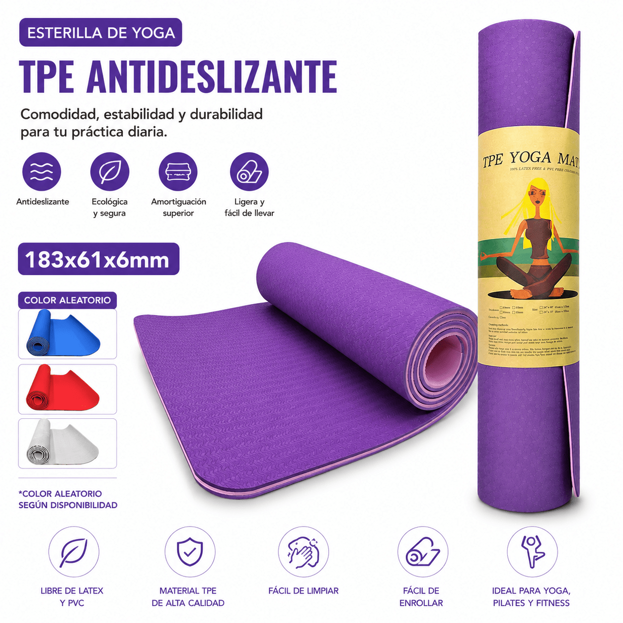 TEMU Esterilla de yoga de TPE, tapete de ejercicio andideslizante, adecuada para yoga, pilates, aeróbic, fitness, y entrenamientos en casa. Color