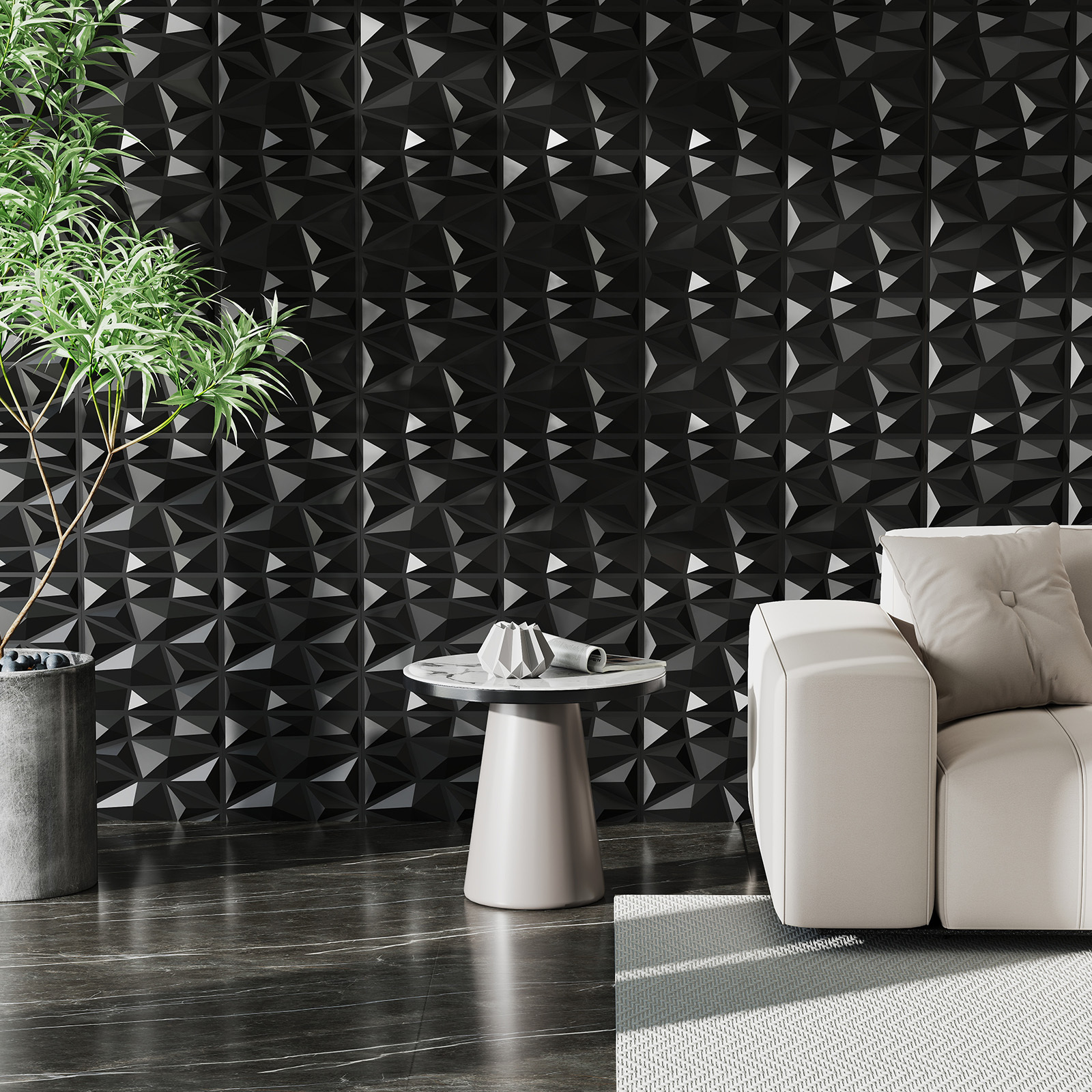 50- Wall Panels, Pvc Interior Wall Decoration With Diamond Accent For Creative Cutting & Diy, 12" X 12" Square Panels Cover 50 For Living Room Bedroom Home Office, Black