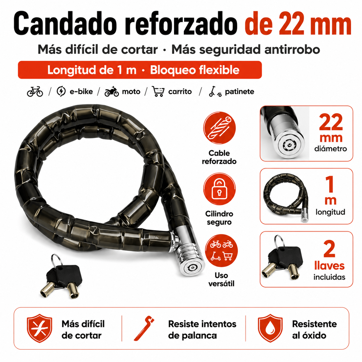 TEMU Candado de cadena reforzada para motocicleta antirrobo, acero pesado para bicicleta y scooter, seguridad con llaves, 22mm × 100cm