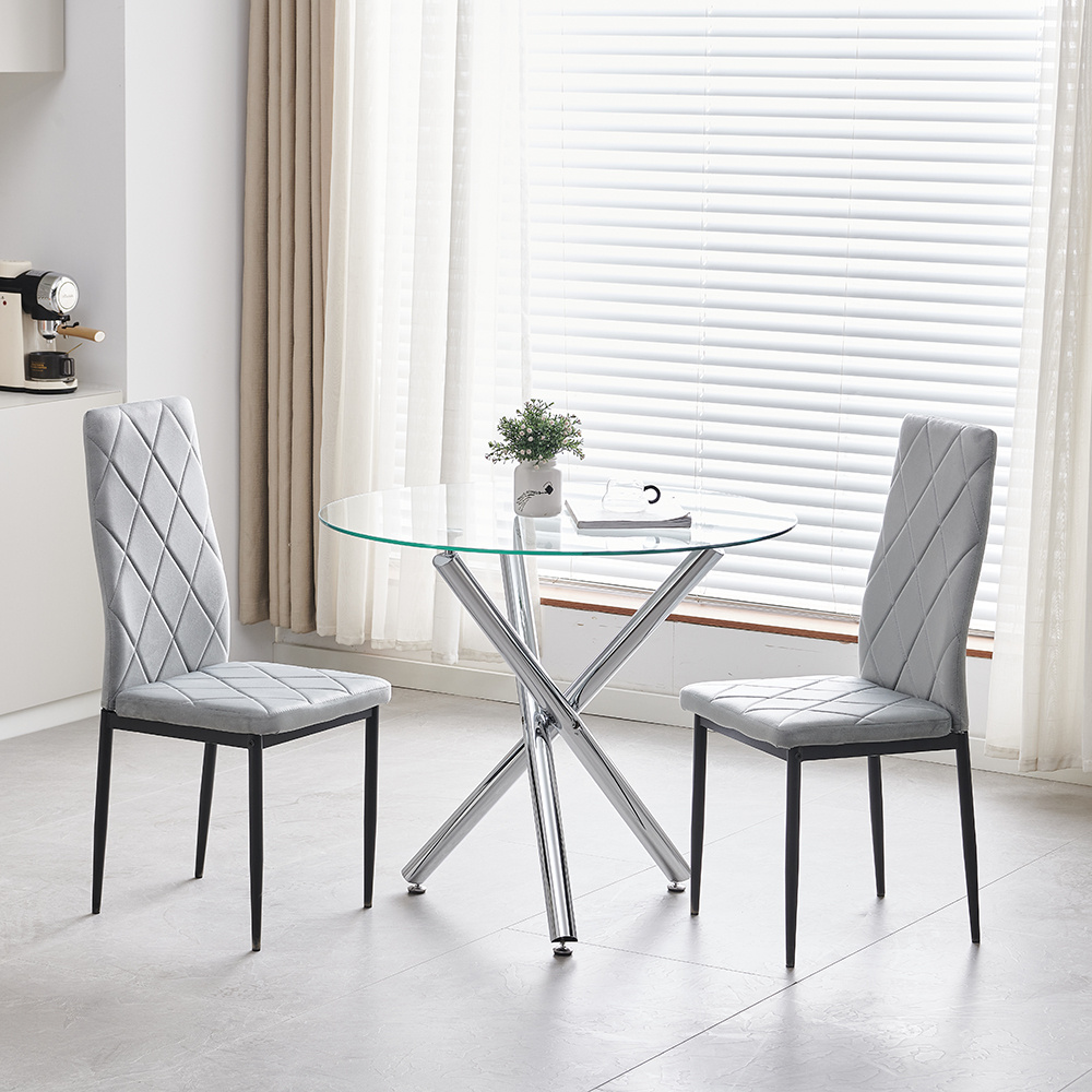 3pcs Round Glass Dining Table With 2 Dining Chairs, 90cm Modern Kitchen Table Chair Set For 2 People, Small Space Restaurant, Tempered Glass Tabletop, Chrome Legs