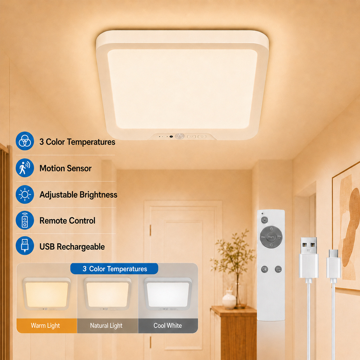Image of 1pc/2pcs Led Ceiling Led Panel With Motion Sensor Indoor, 3 Color Temperature, 5000mah Rechargeable Dimmable Battery Lamp For Hallway, Bedrooms Decoration