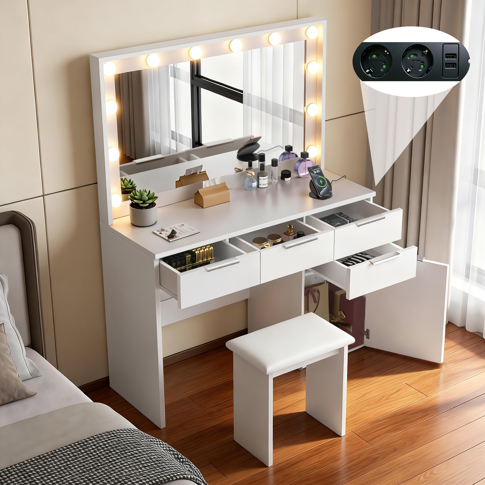 TEMU White Makeup Table With Large Mirror And Stool, Cosmetic Table With Led Lighting And Charging Function, Modern Cosmetic Table With 5 Drawers,