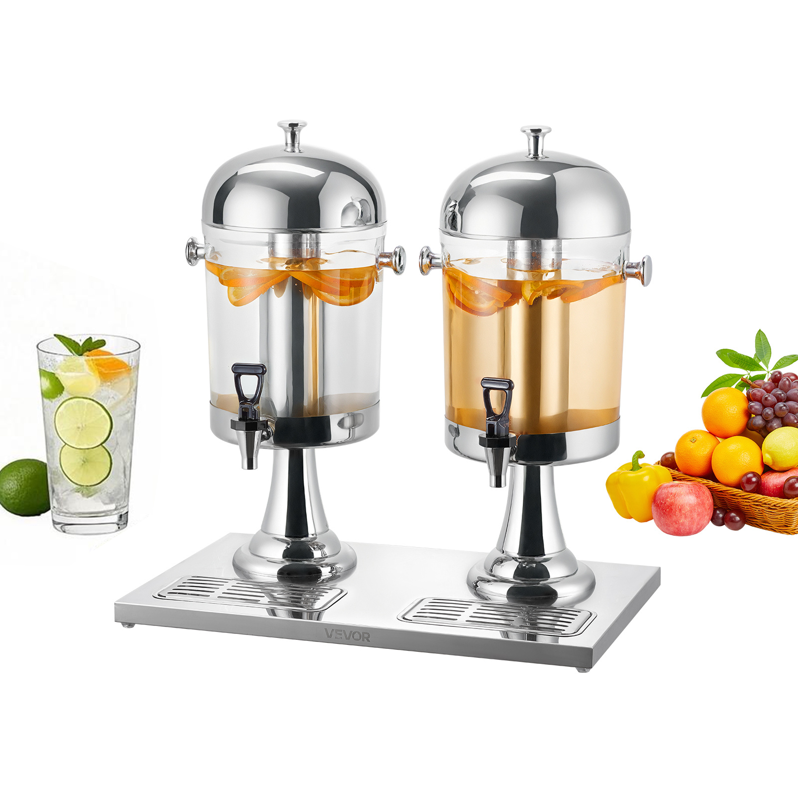 Image of Beverage Dispenser, 2.1 Gallon X 2 Drink Dispenser For Parties, Stainless Steel + Plastic Juice Dispensers With Spigot Ice Chamber Tray, Iced Tea Lemonade Dispensers, For Restaurants, Hotels
