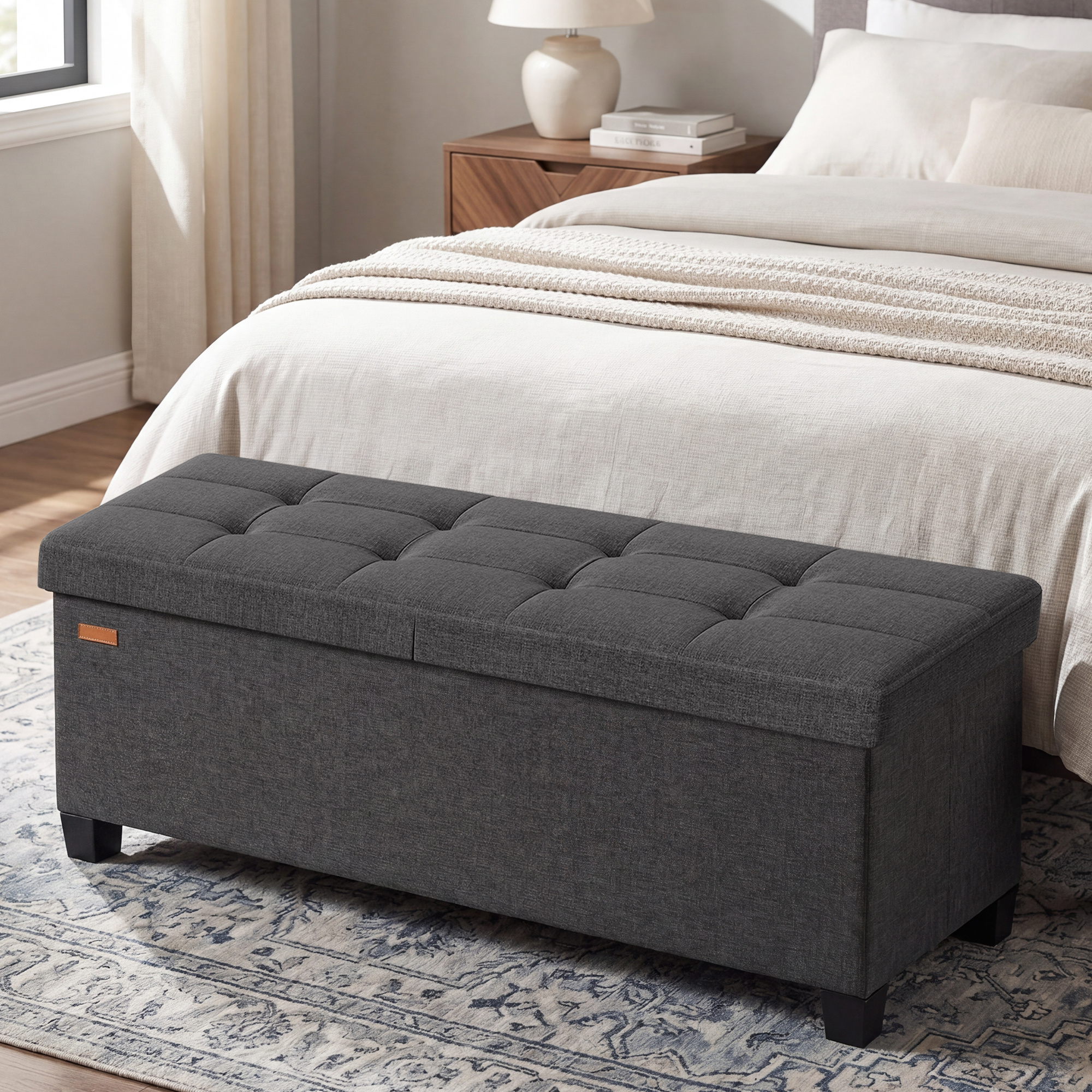 TEMU Coffre de Rangement Pliable, Banc d’Appoint avec Pieds, pour Chambre, Salon, Tissu Façon Lin, 110 cm