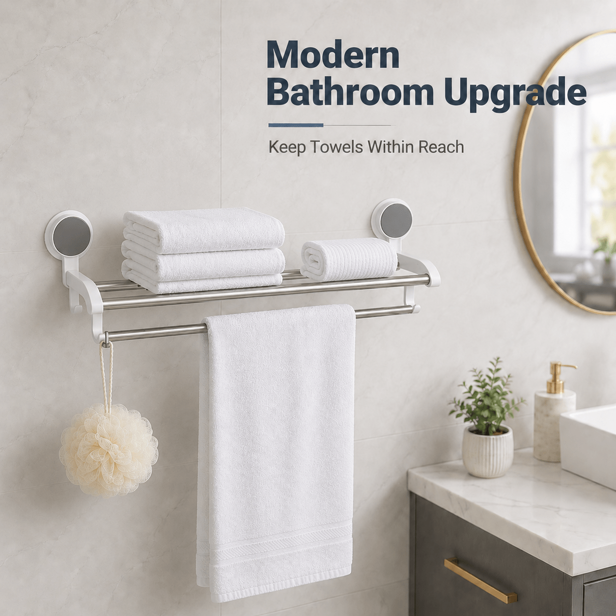 Image of Wall Mounted Double Towel Bar With Hooks, No Drilling Stainless Steel Bathroom Towel Rack, Adhesive Towel Holder For Bathroom, Kitchen, Shower, And Laundry Room Storage