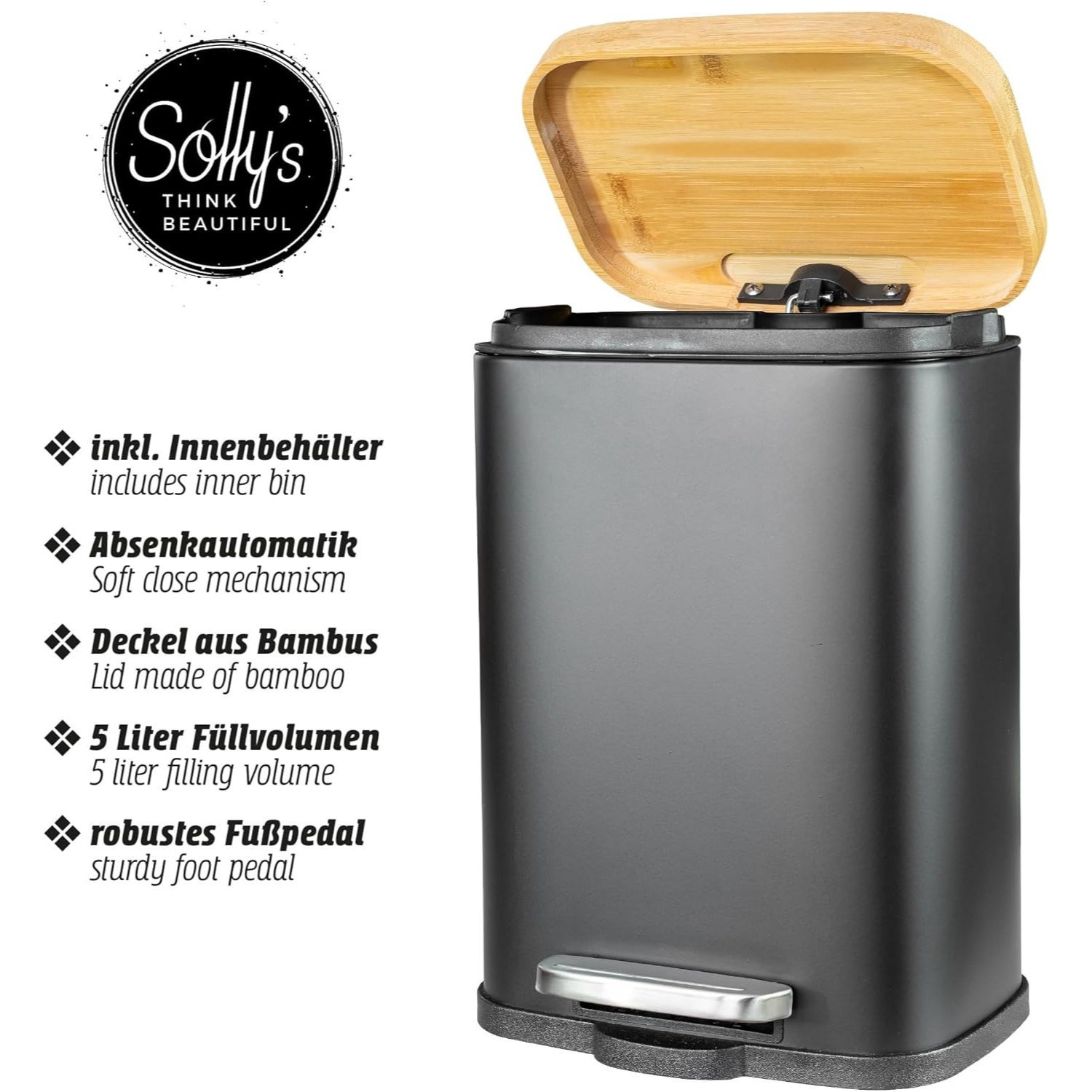 Image of 's 5l Cosmetic Bucket With Bamboo Lid, Foot Pedal Step Bucket With Auto-lowering Mechanism, Powder-coated, Non-slip, Black