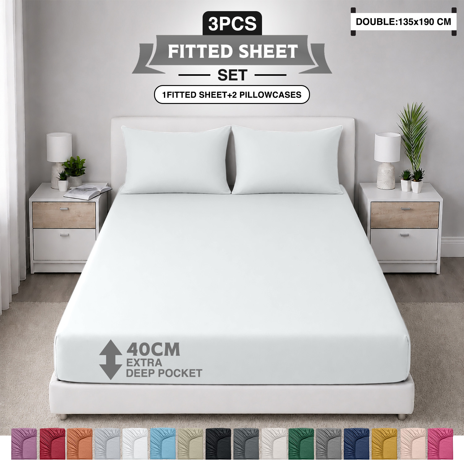 TEMU 3pcs Extra Deep 40cm Fitted Sheet Bedding Set, Includes 1 Fitted Sheet & 2 Pillowcases, Brushed Microfiber, Corner Elastic, Breathable Bedding,