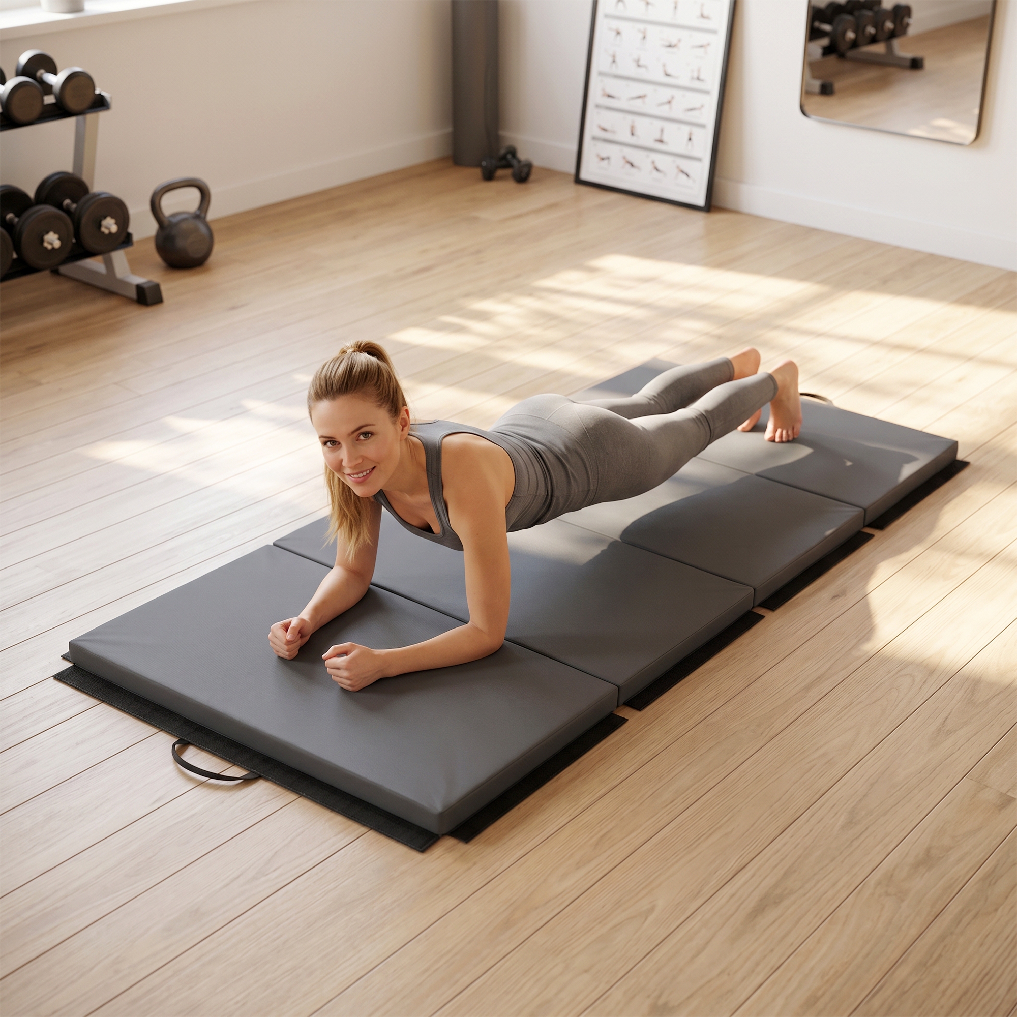 Exercise Mat, Foldable Fitness Mat With Handles Gymnastics Mat Gymnastics Tumbling Mat For Yoga, Mma, Fitness, Pilates, Synthetic Cover, Gray, 180 X 80 X 5 Cm