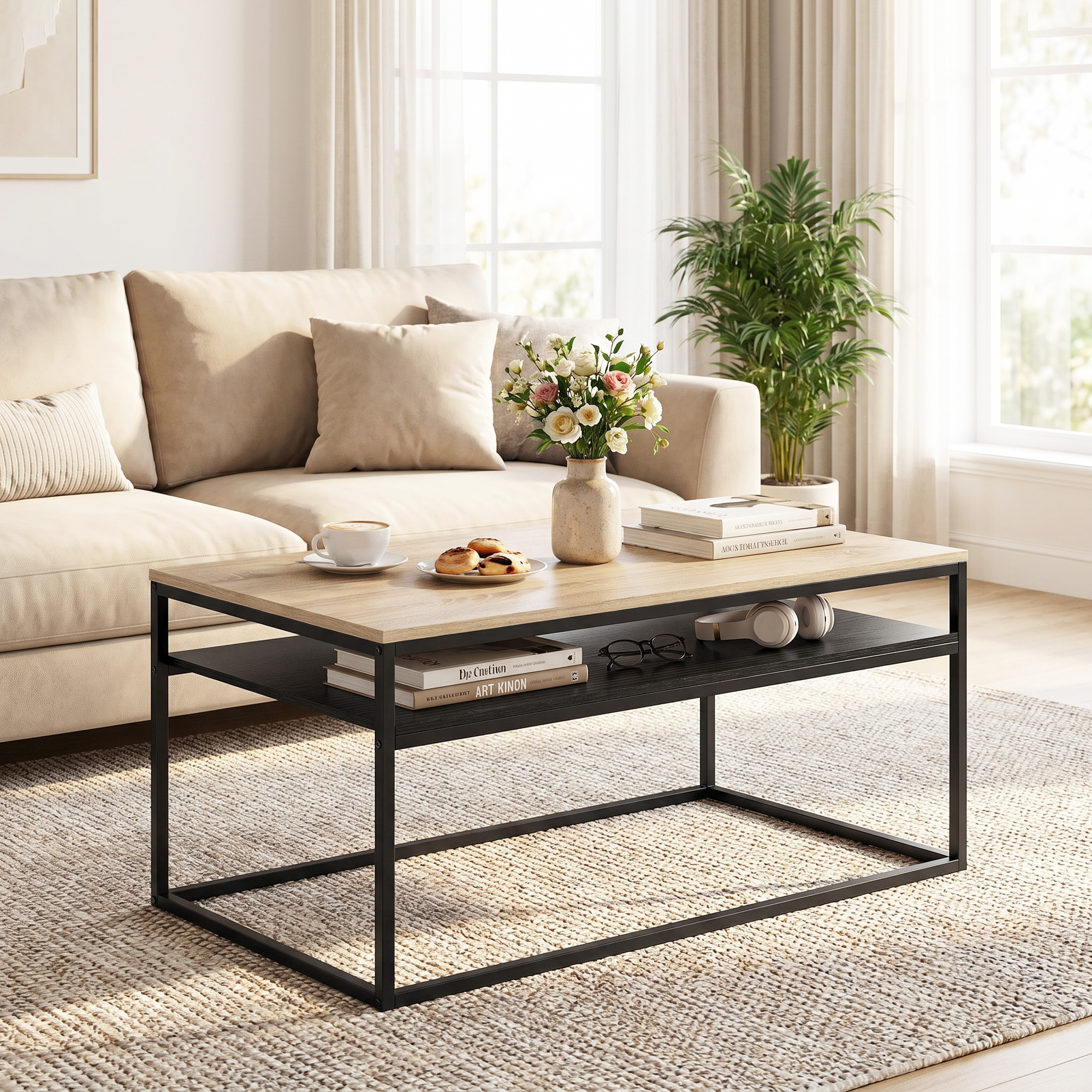 Image of Coffee Table Living Room Table With Shelf, Modern Coffee Table, Side Table With Metal Frame, Sofa Table For Living Room, Bedroom, 100 X 59.8 Cm, Oak