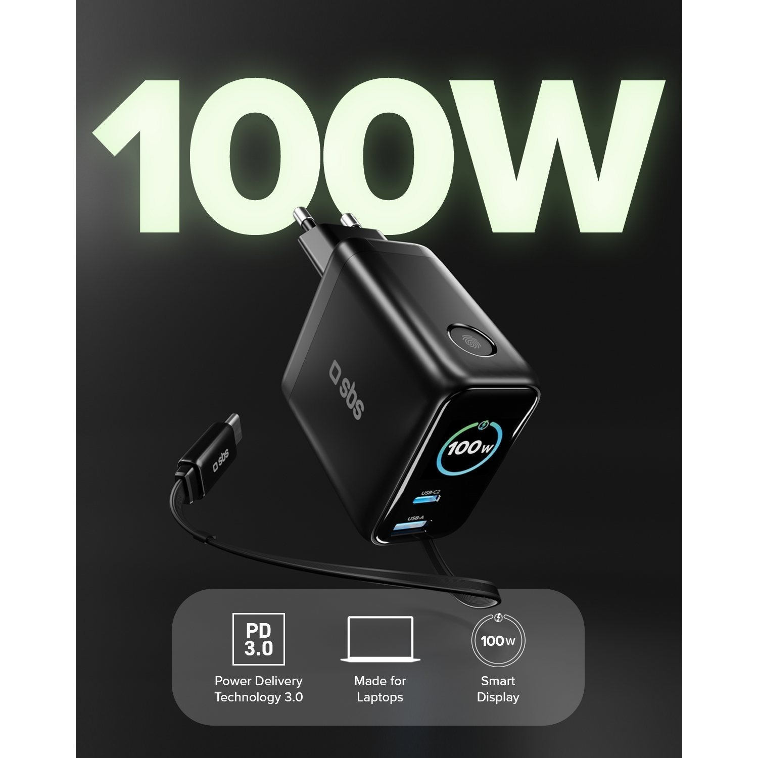 100w Charger With Usb-c, Usb-a Ports, Extendable Usb-c Cable, And Built-in Display
