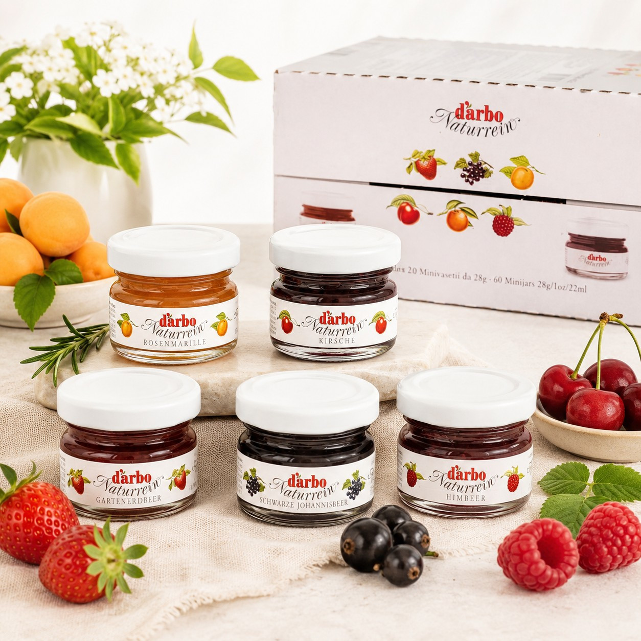 Work Portions-jars 60 X 28 G - 5 Sorts Of Jam In A Mix With Apricot, Strawberry, Raspberry, Cherry & Black Currant