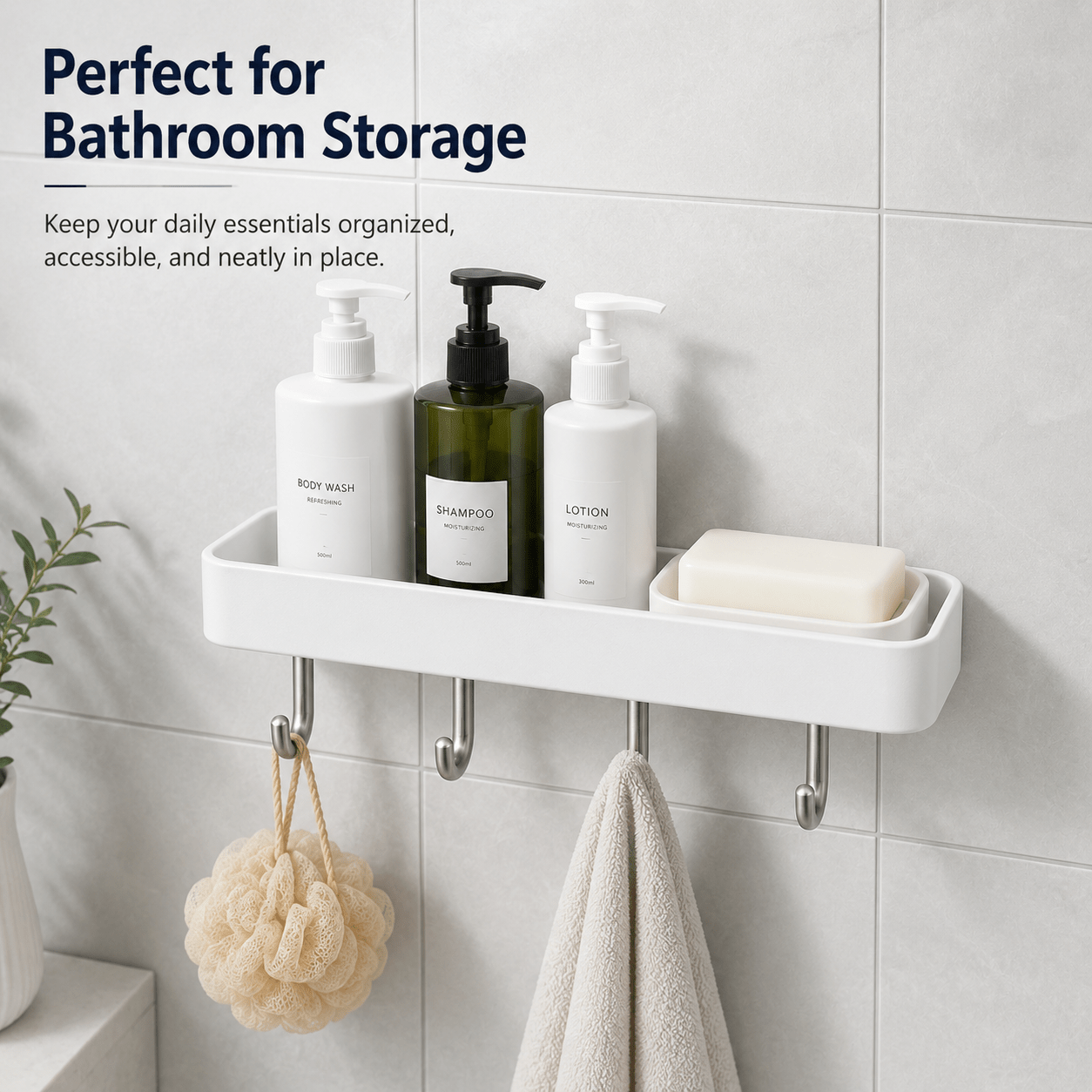 Image of Wall Mounted Bathroom Shelf With Hooks, No-drill Shower Organizer Rack, White Adhesive Storage Tray With 4 Hooks For Bathroom, Kitchen, Toilet, Shampoo, Soap And Towel Storage