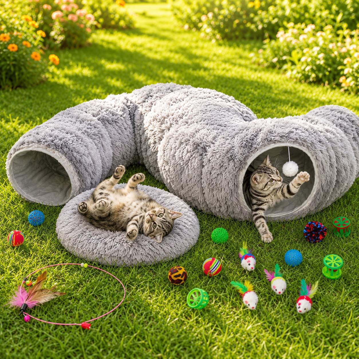 TEMU Xl Cat Tunnel Bed With 20pc Cat Toys, Cozy Cat Donut Bed, 160cm Interactive Pet Tunnel For Kittens, And Multi-cat Homes, Fun Hideaway With