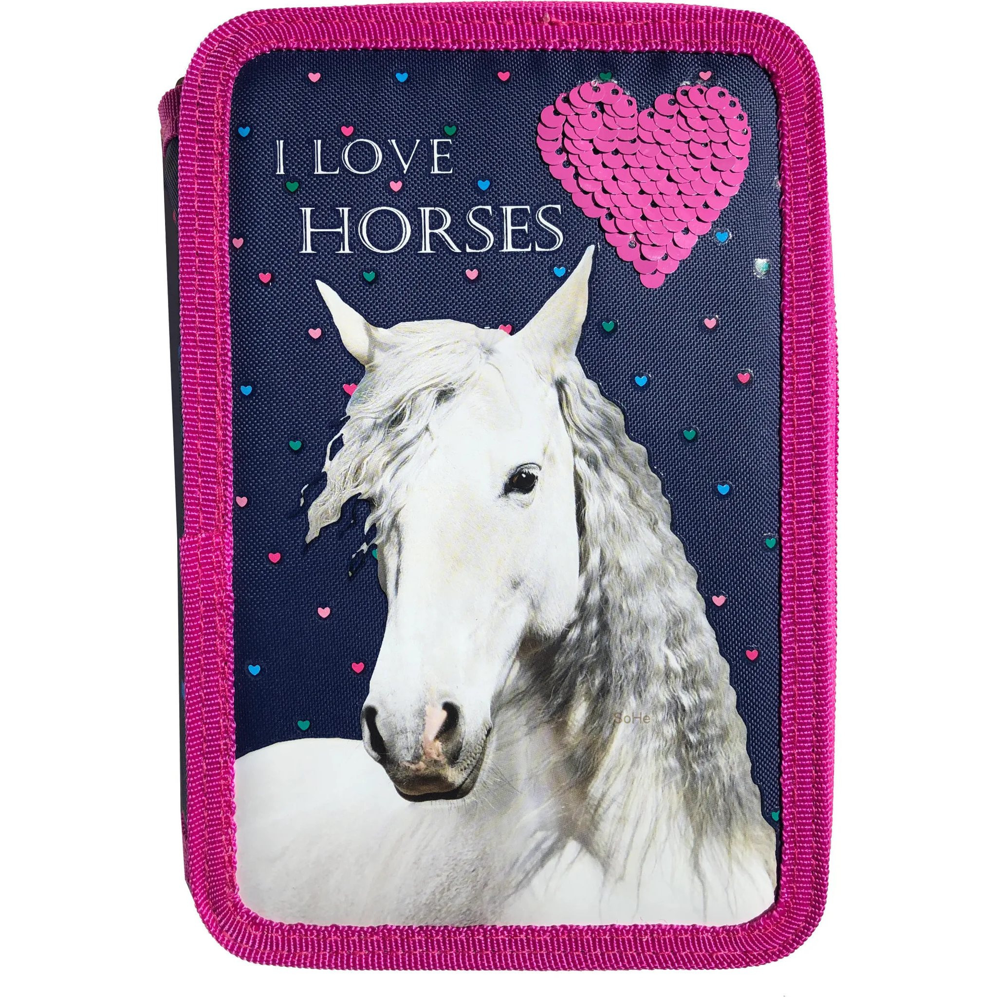Horse 2-compartment Pencil Case Filled With 26 Pieces, Pony Blue Pencil Pouch