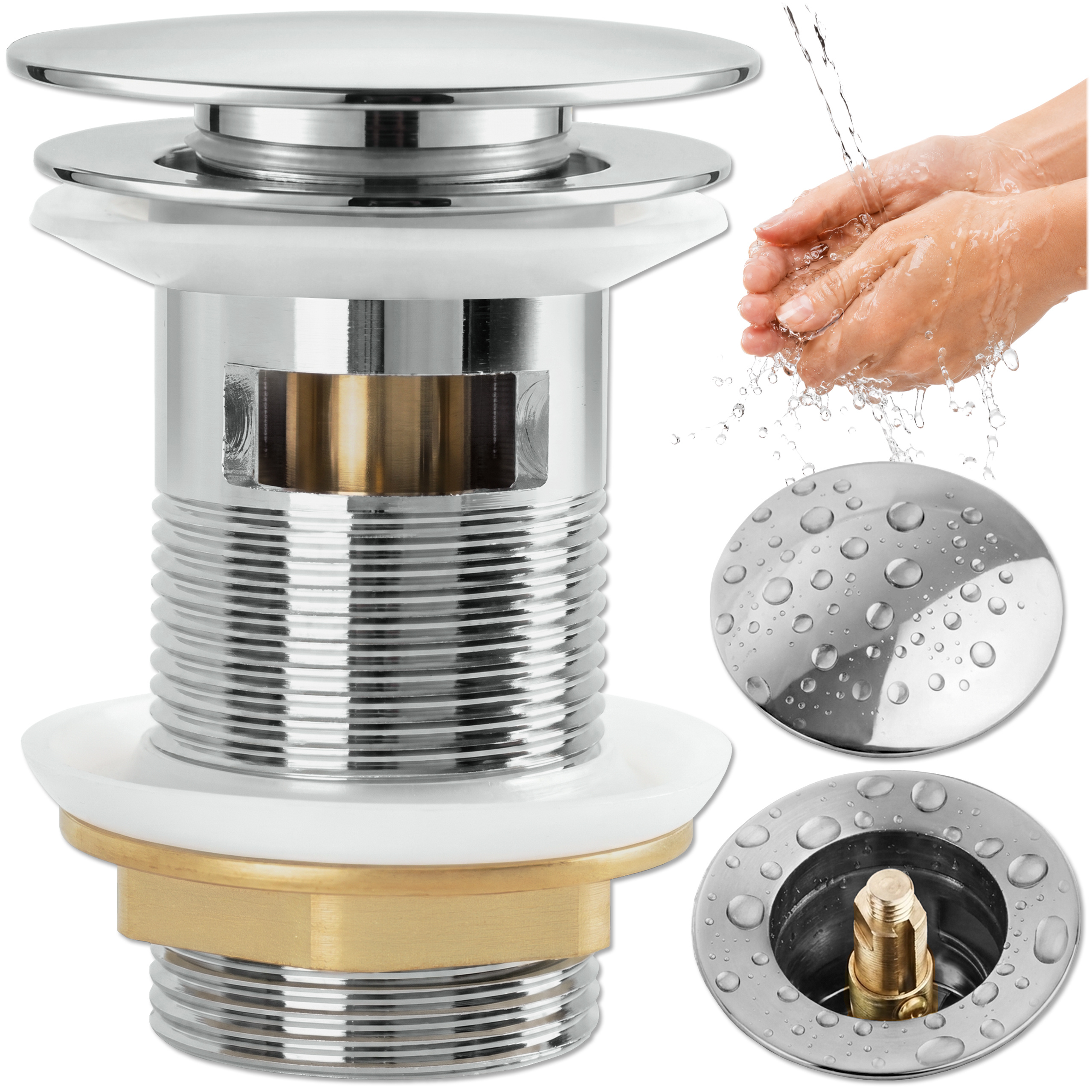 Wash Basin Pop-up Plug 40.5 Mm, Chrome-plated Drain Plug With Seal, Click- Stainless Steel Drain Valve, Silver Drain Set With Overflow