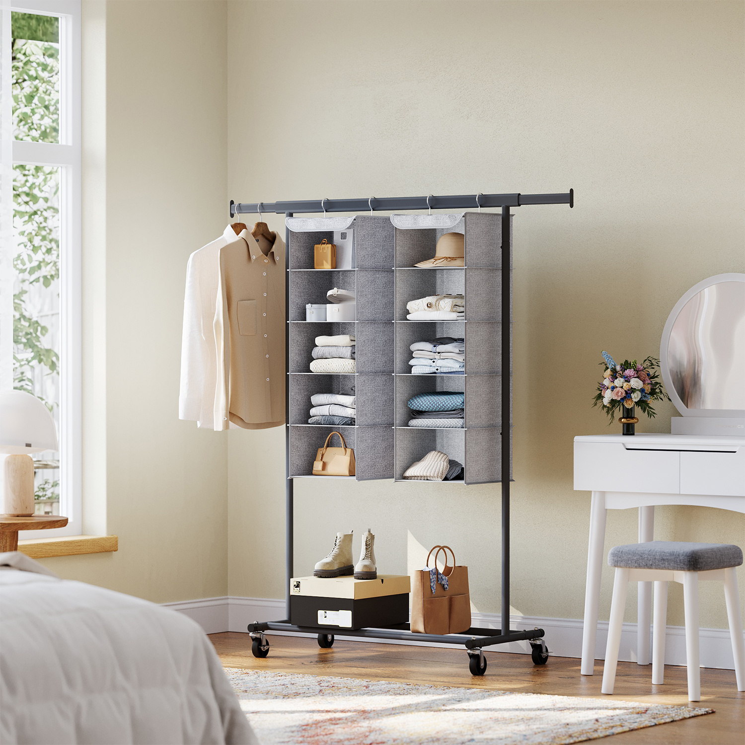 Hanging Storage Organizer In Light Gray With Linen Optics, Equipped With Metal Hooks And Bamboo Inserts. Space- And Foldable.