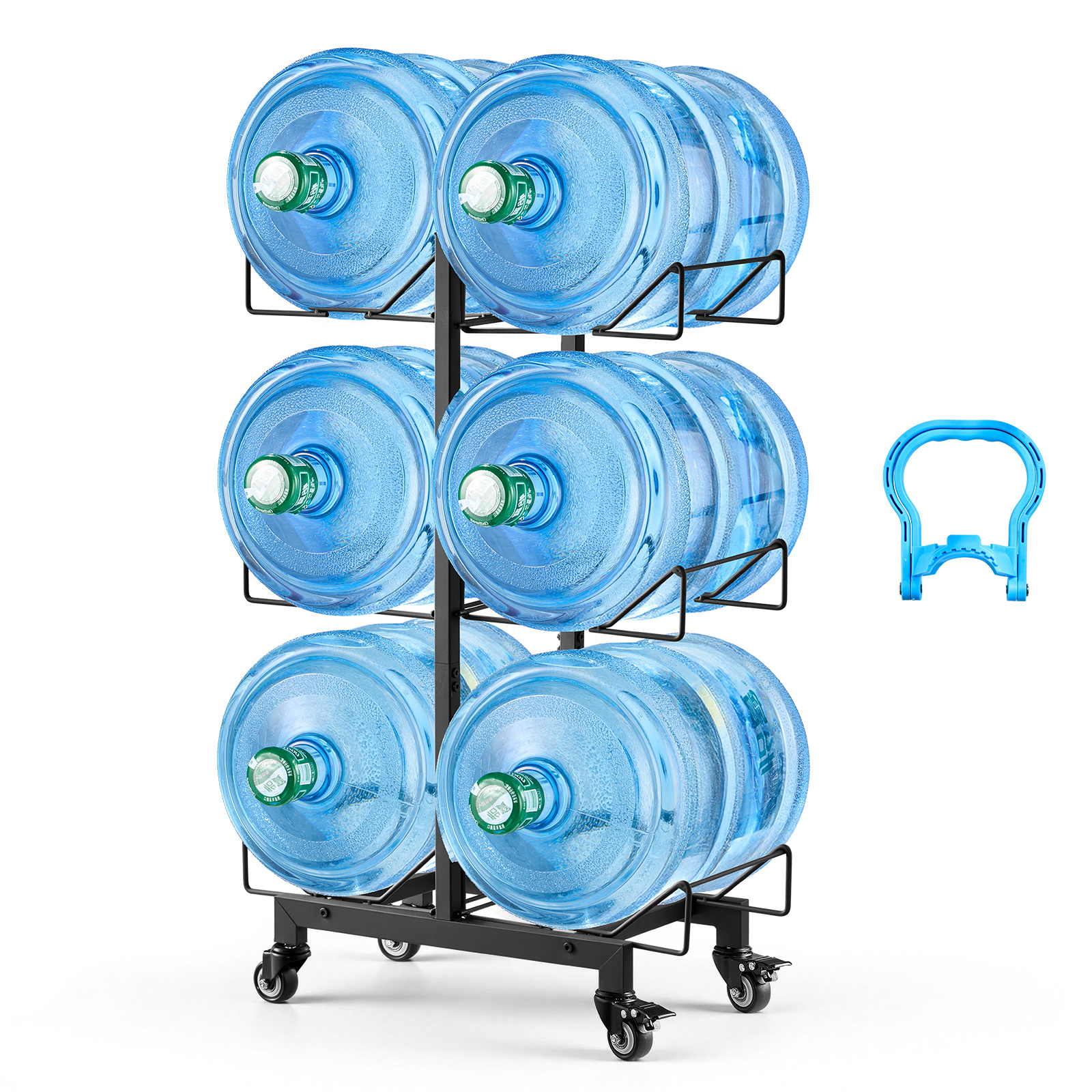 Image of Vevor Water Jug Holder, 3 Tiers Double 3 And 5 Gallon Water Bottle Holder For 6 Bottles, Heavy Duty Jug Rack Organizer With Casters And Handles, Foldable For Kitchen, Office, Living Room, Black