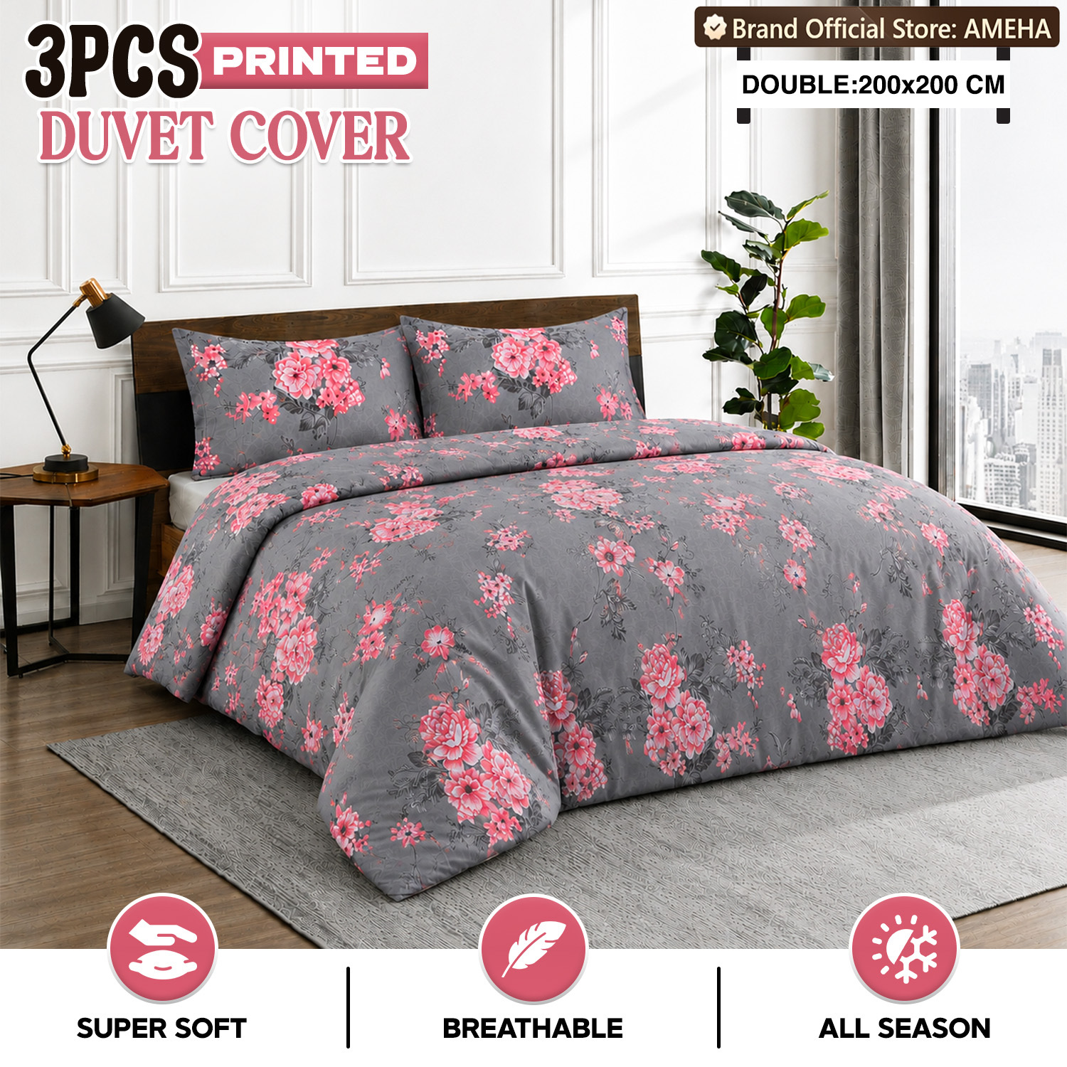 TEMU 3pcs Grey Floral Modern Duvet Cover Set – Soft & Breathable Microfiber Bedding, , Button Closure, Machine Washable, Durable, Includes 1 Duvet