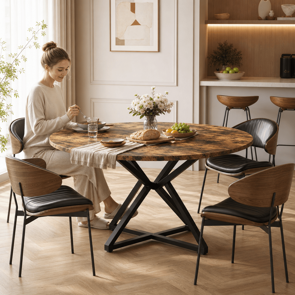 Image of 120 Cm Round Wooden Dining Table For 4-6 People, With Wooden Surface And Stable Steel Cross Base, Versatile For Use In Kitchen Or Living Room