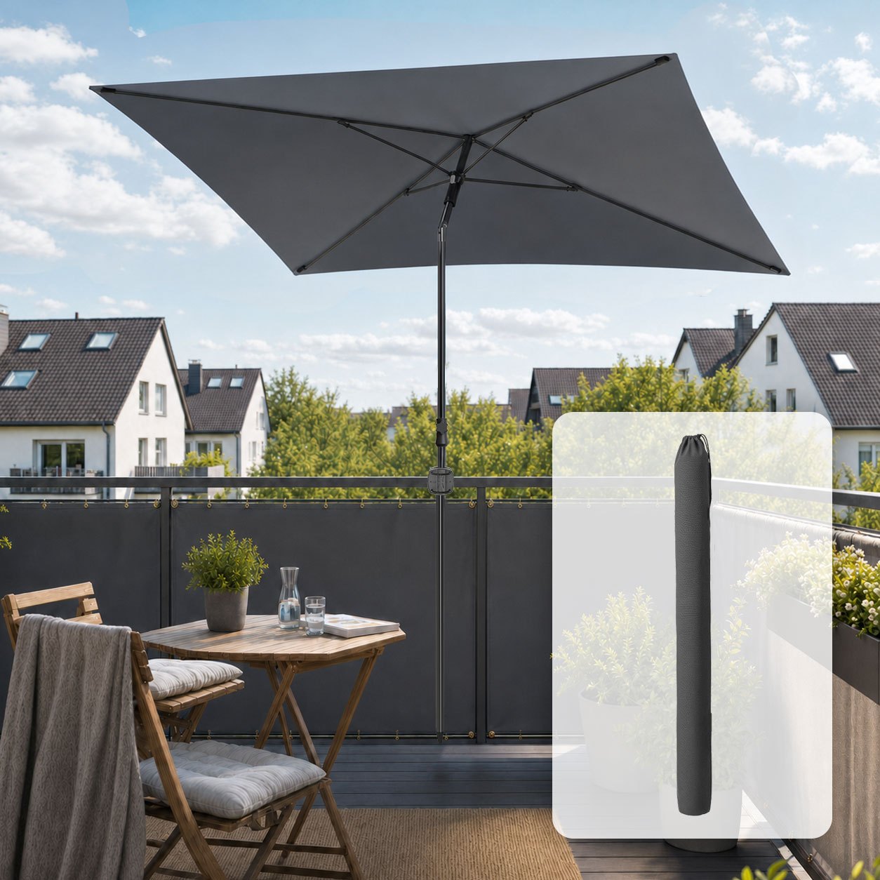 Rectangular Balcony Awning 200×125 Cm - Adjustable Sunshade With Protective Cover, Crank And Set With Holder Or Wind Rope, For Balcony, Terrace And Courtyard (, Beige, Taupe)