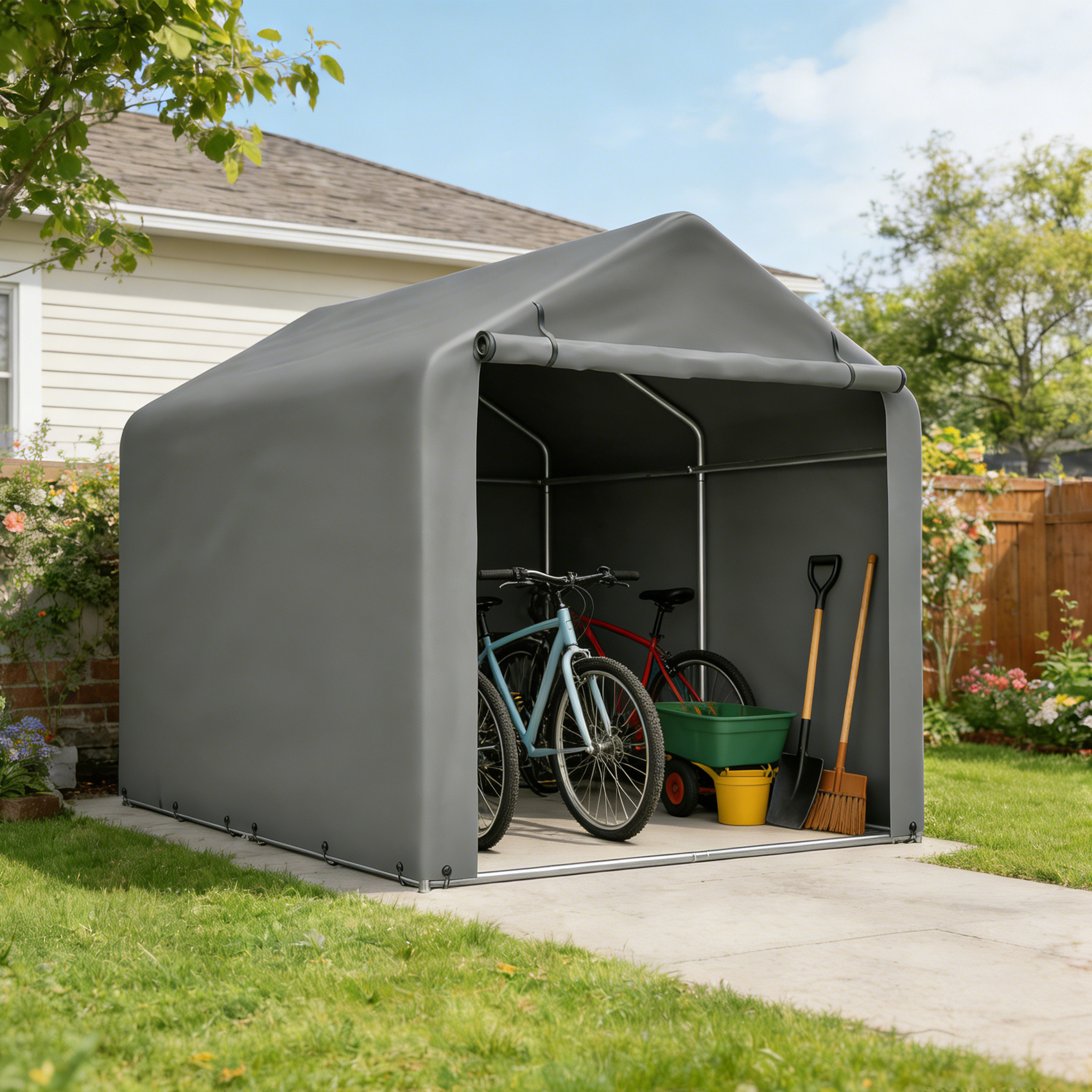 TEMU Garden House, 220×160×165cm, Garden Awning, Motorcycle Shelter With Roll-up Door, Bicycle And Tool Garage, Bicycle Shelter, Galvanized Frame,